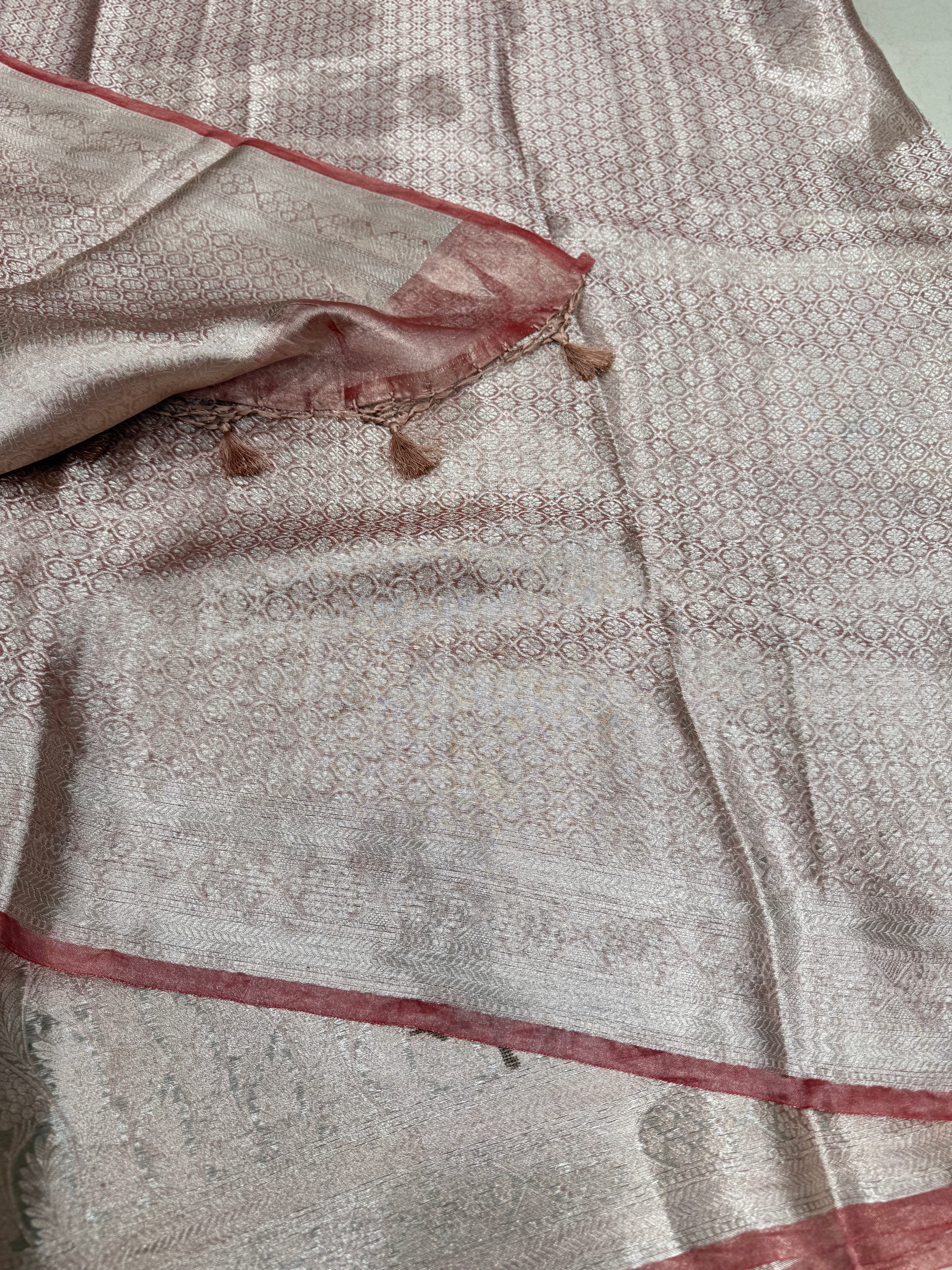 Crimson Silver Handloom Tissue Parsi Contemporary Resham Embroidery Saree