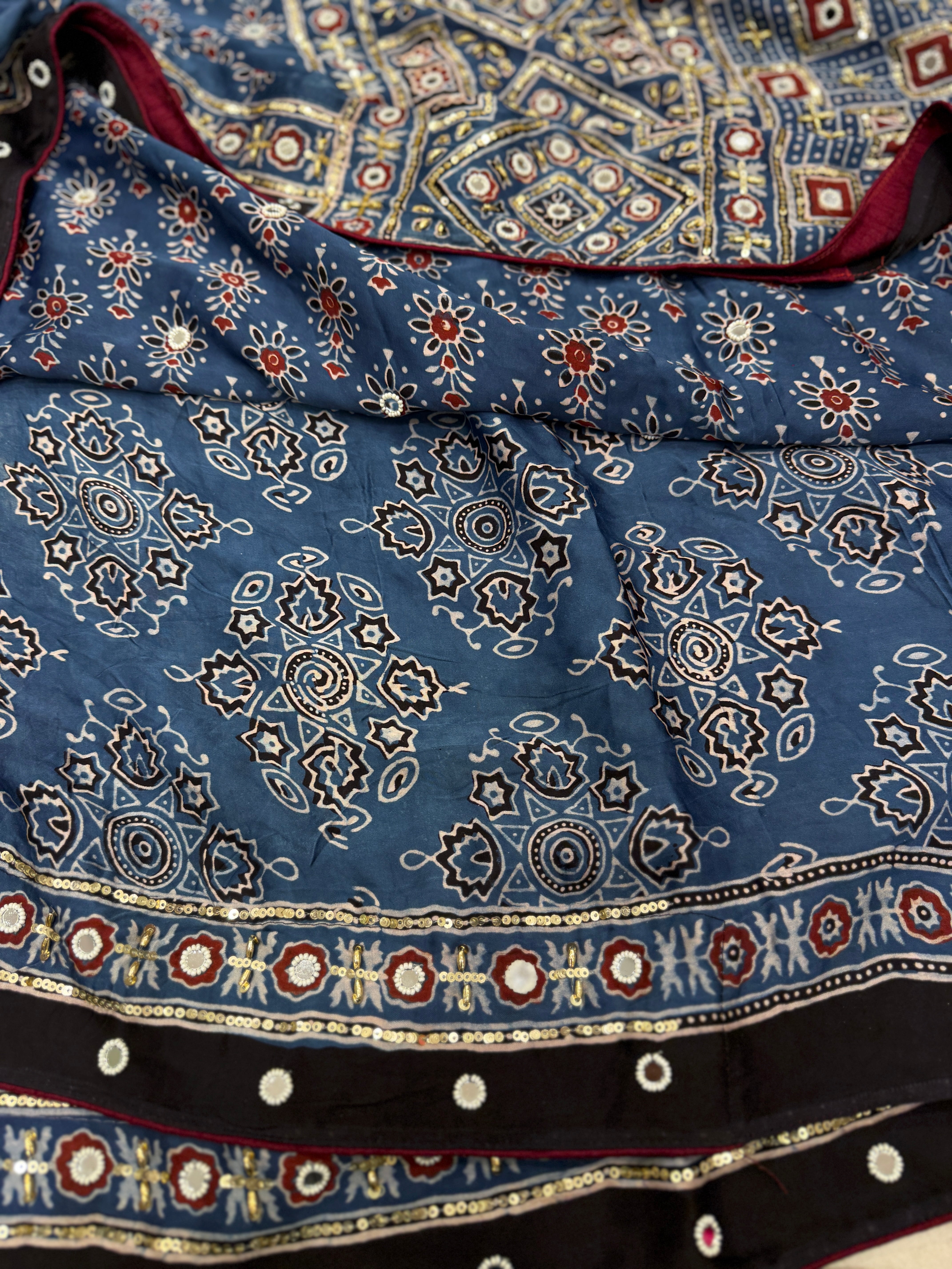Blue Buttis Ajrakh Real Mirror Moti Sequin Hand Embroidery Saree