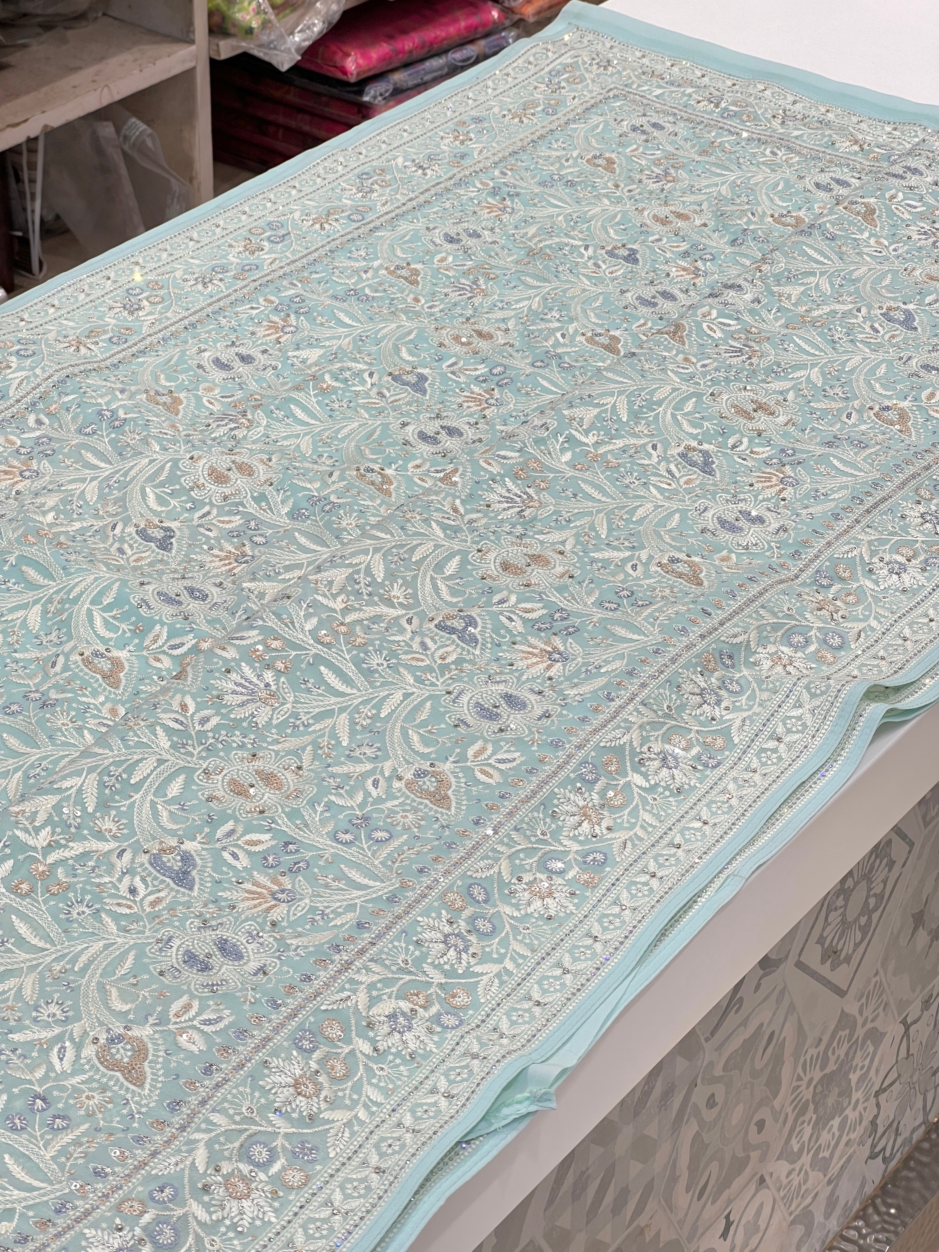 Sea Blue Chikankari Saree