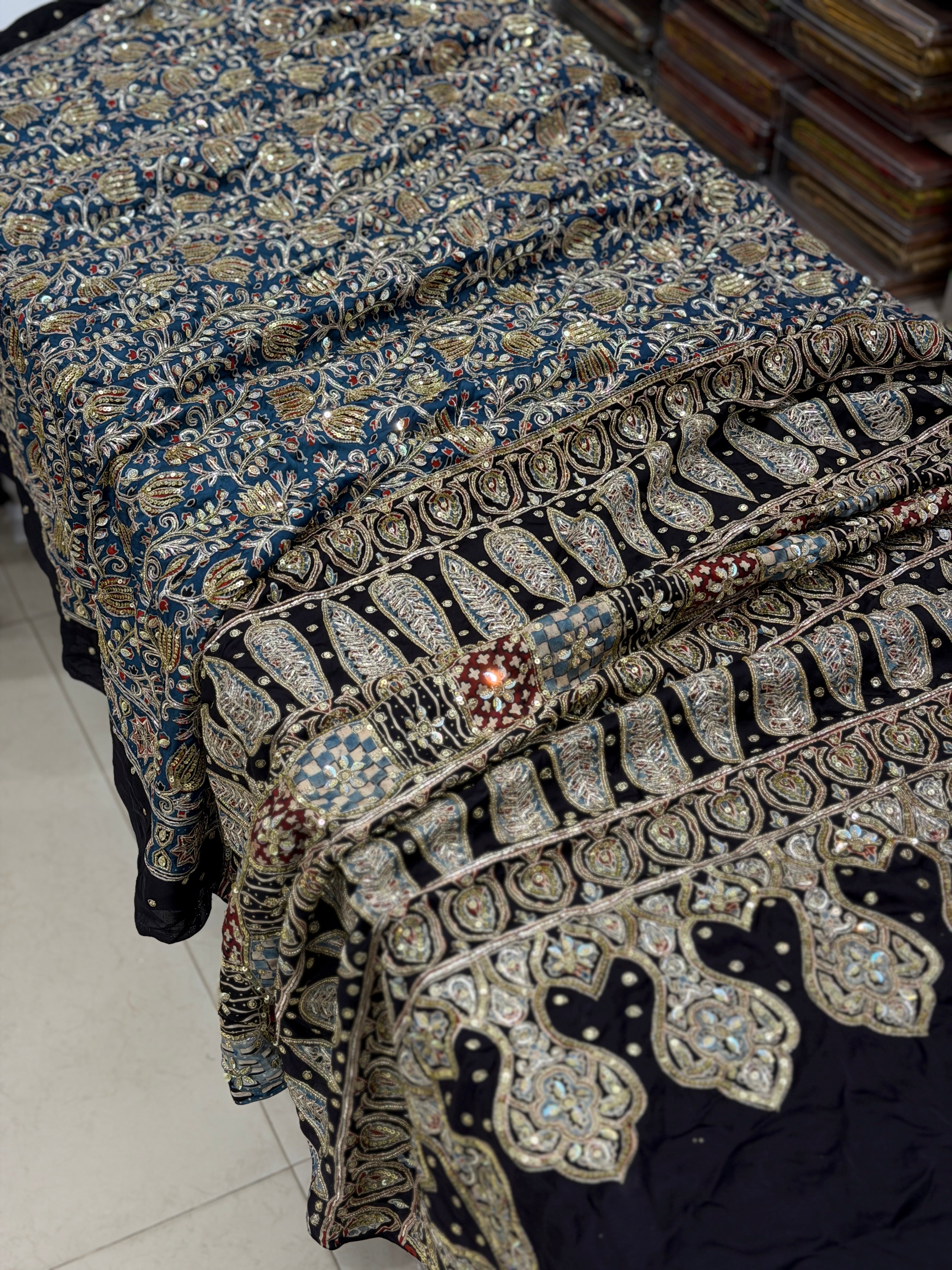 Blue Jaal Pita Sequin Ajrakh Hand Embroidery Saree