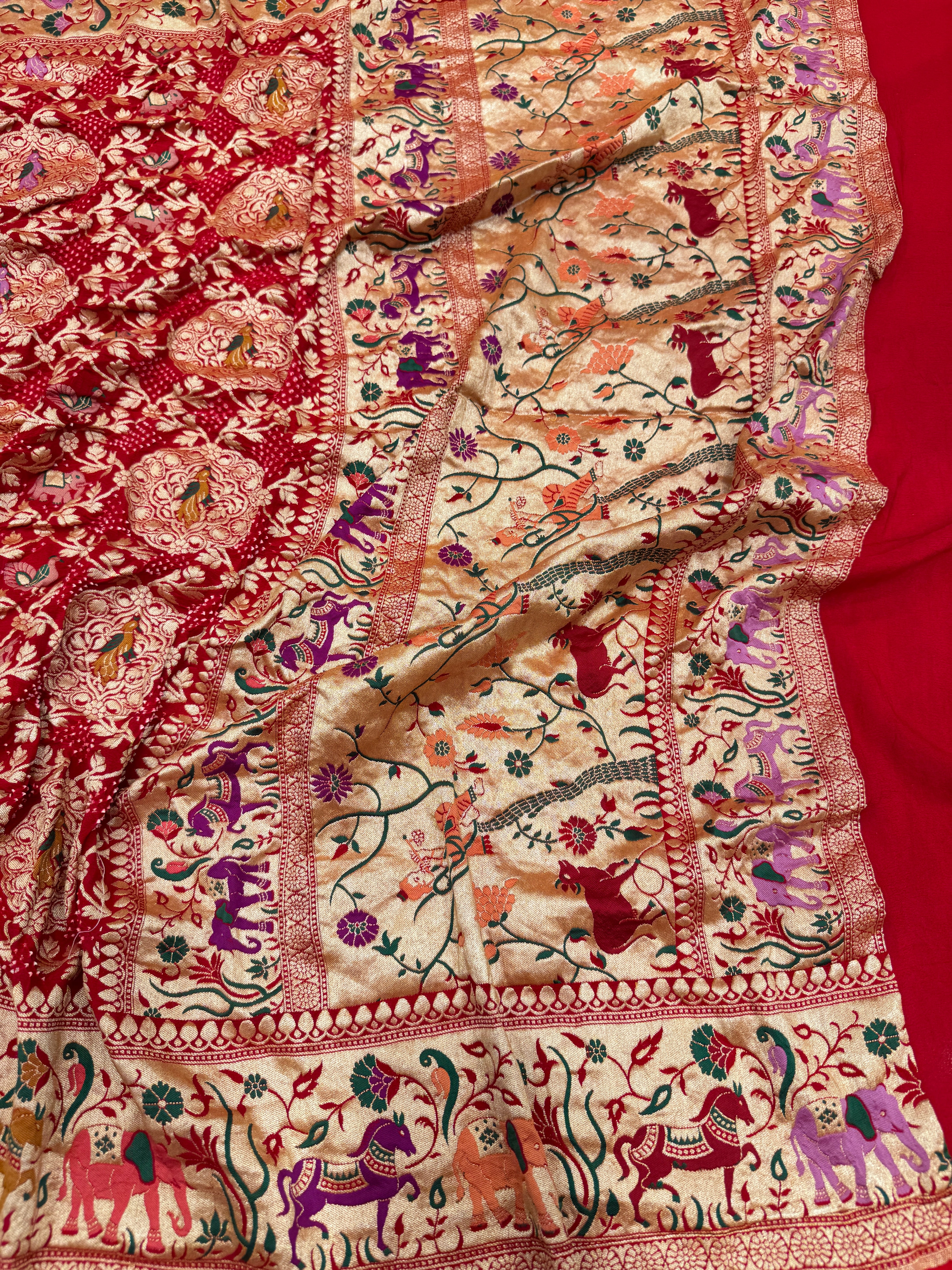 Red Meenakari Rai Bandhej Shikara Saree