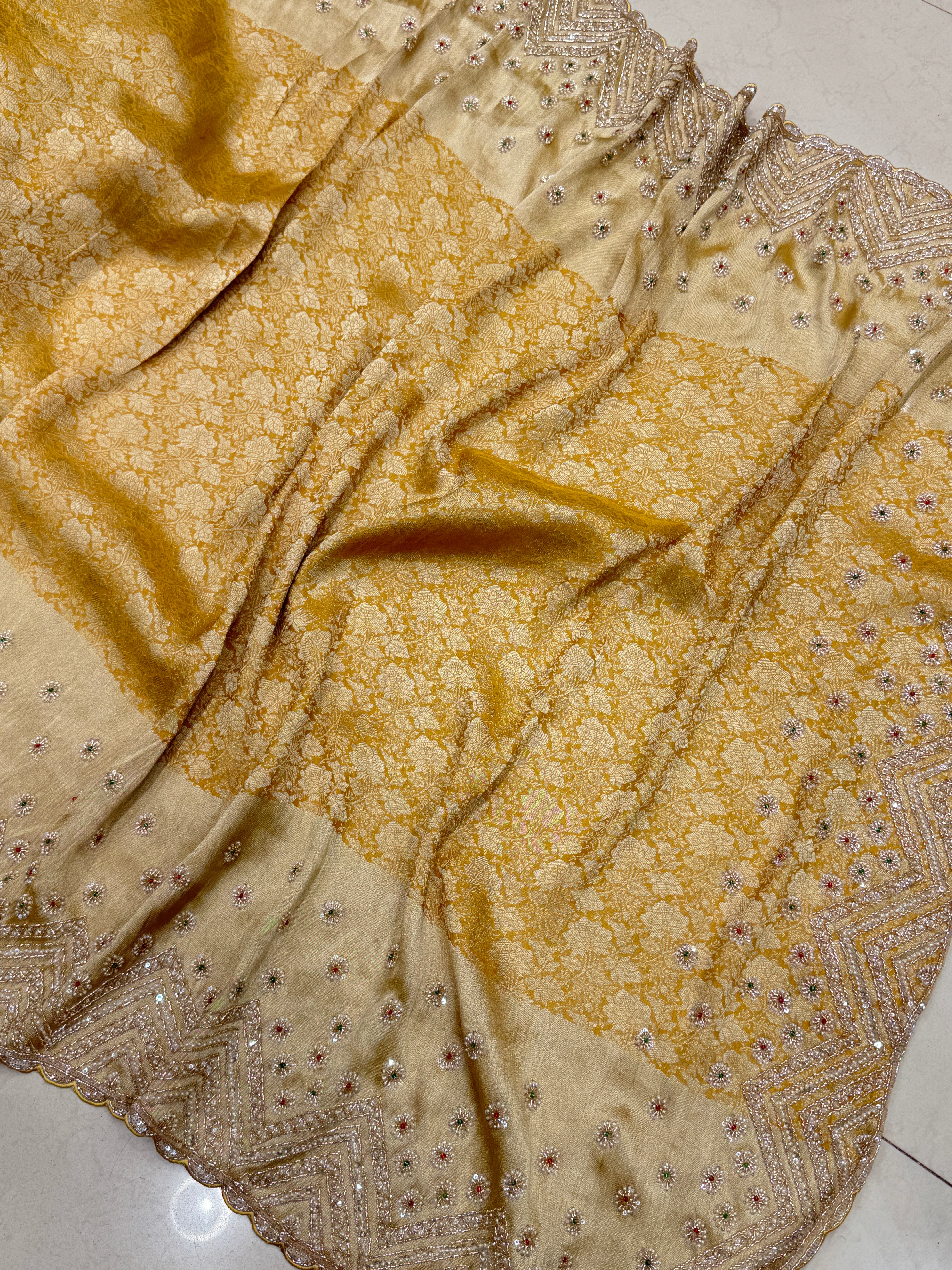 Yellow Floral Weave Soft Silk Moti Crystal Embroidery Saree