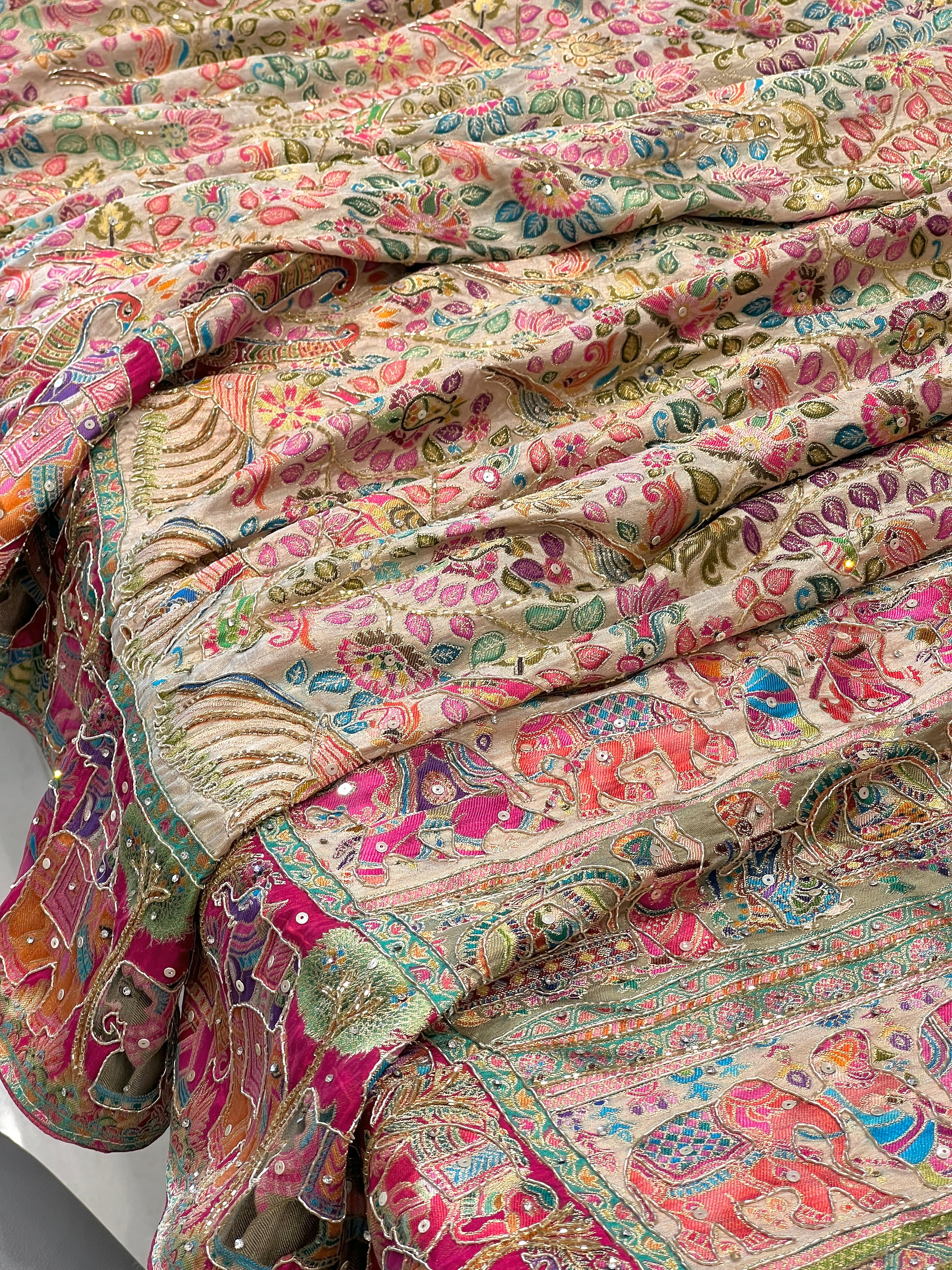 Off White Pashmina Style Silk Saree with Hand Embroidery