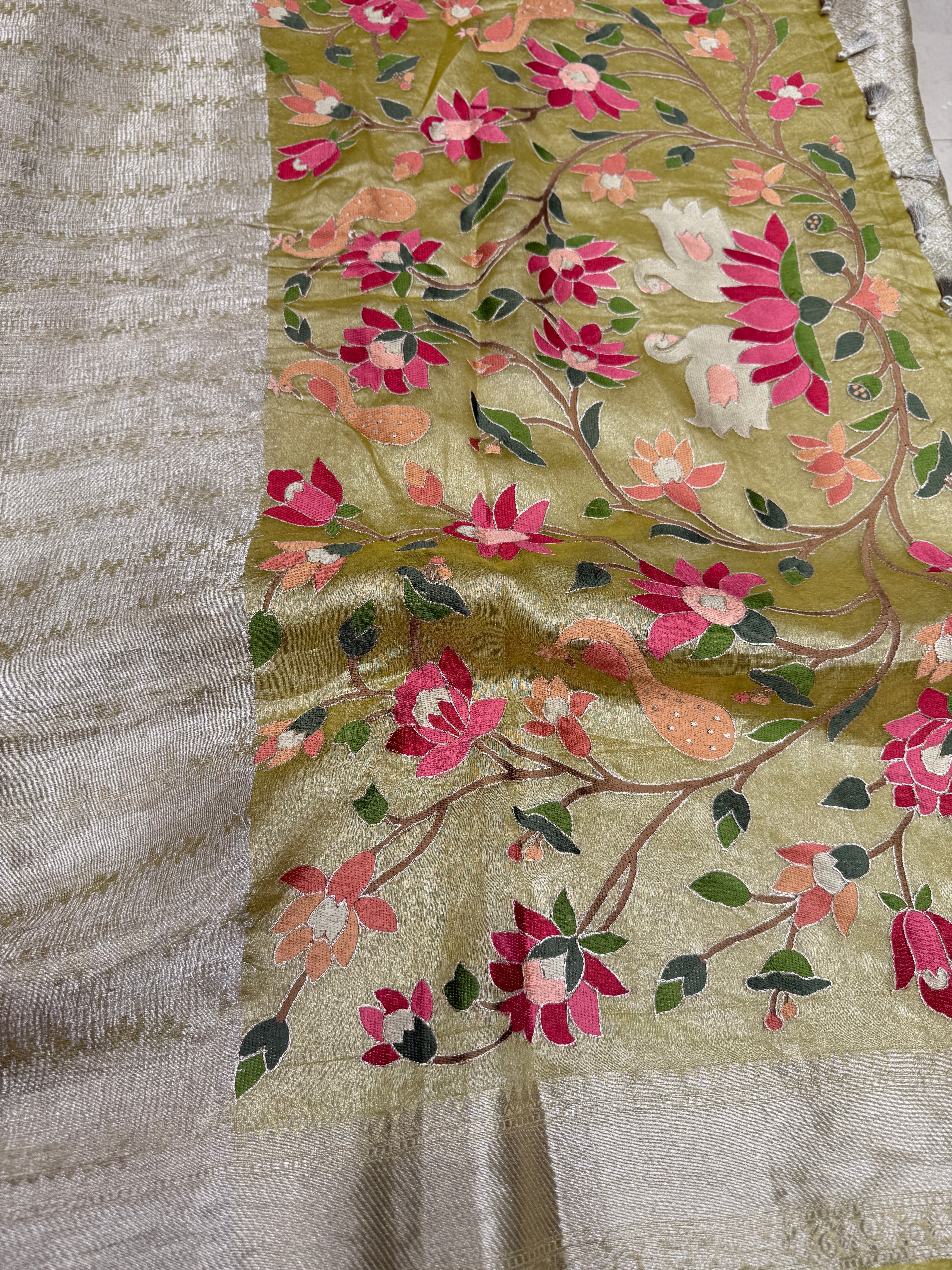 Yellow Silver Handloom Tissue Swans Contemporary Resham Embroidery Saree
