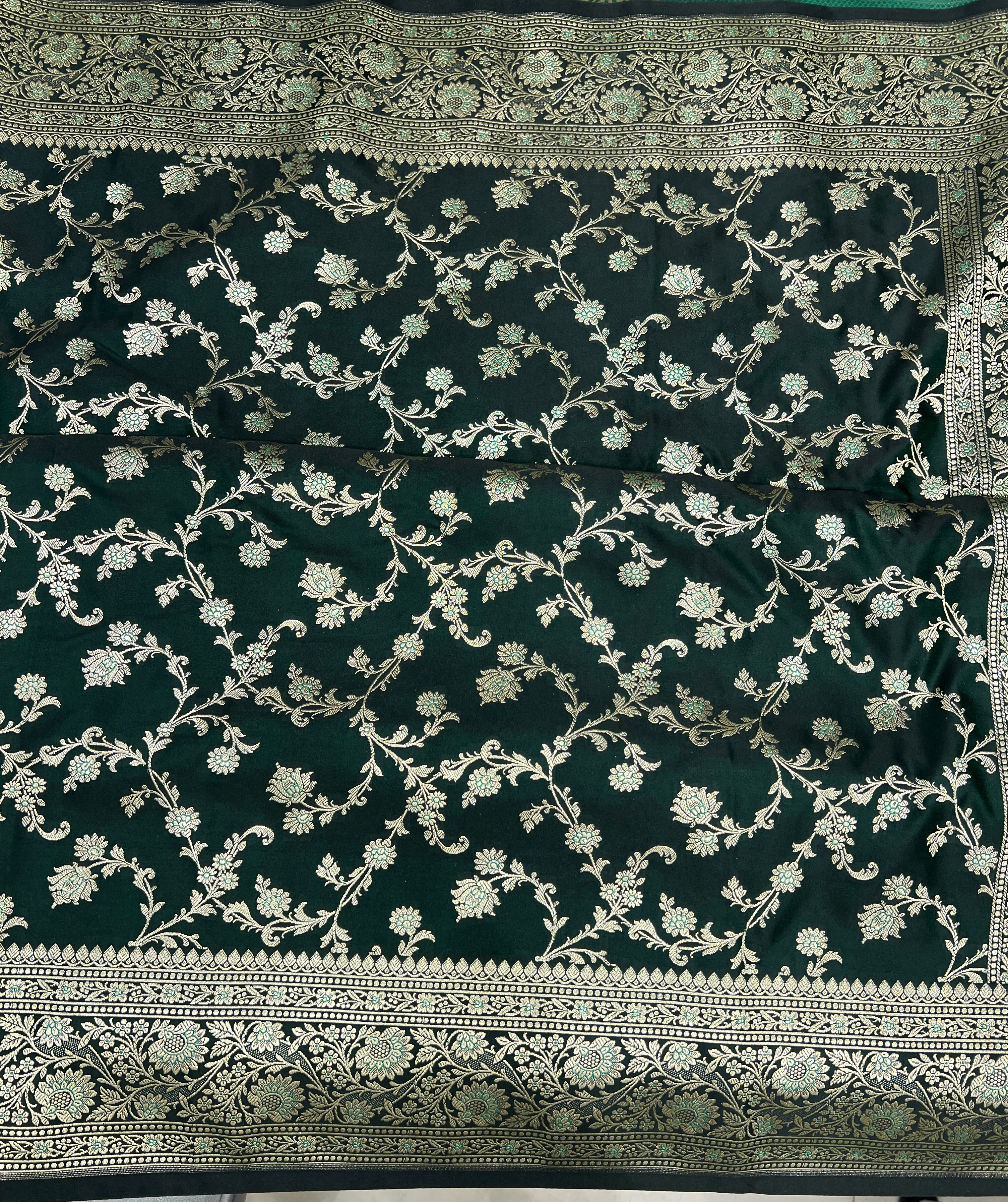 Greenish Black Banarasi Upside Down Border Saree