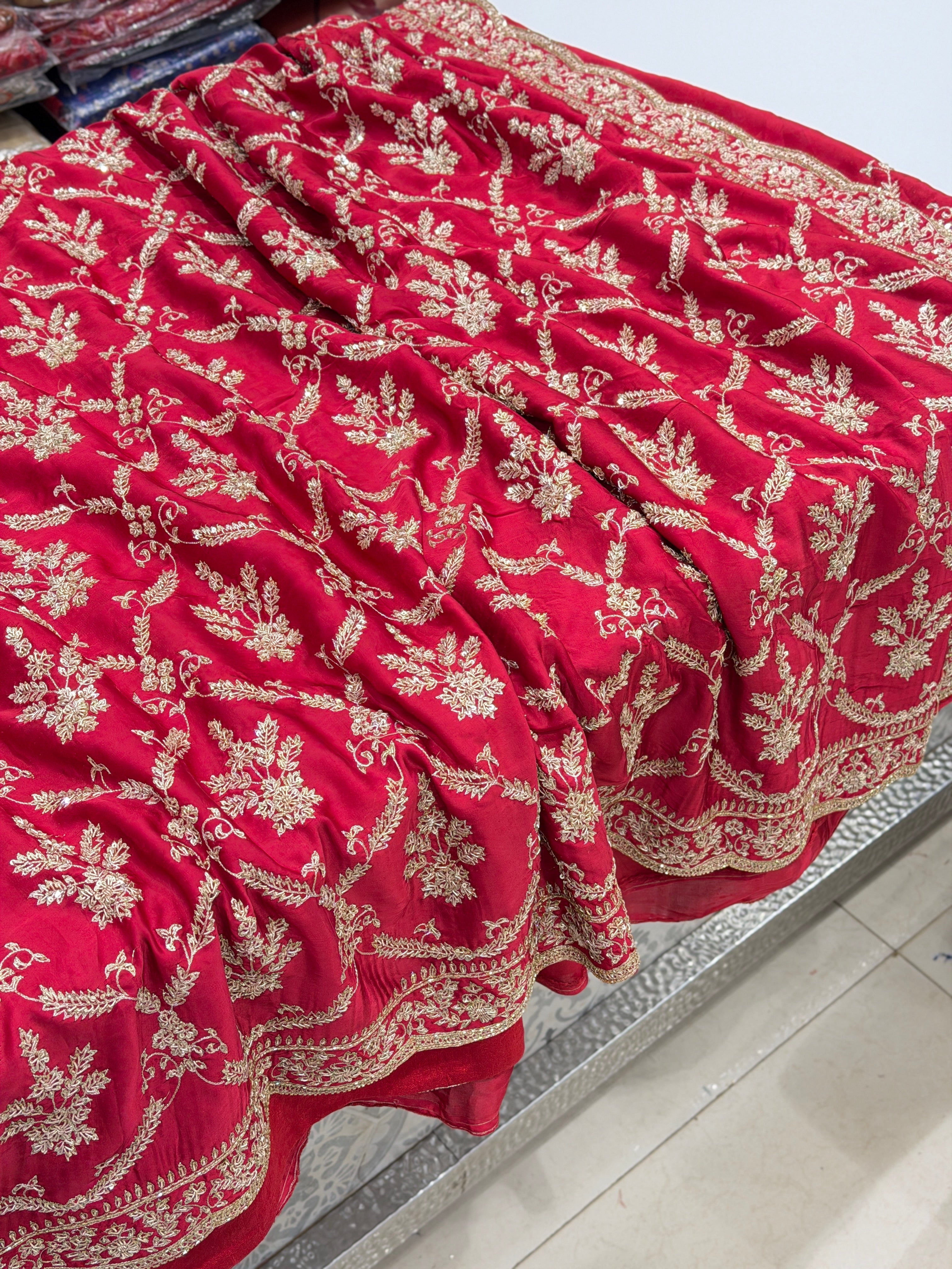 Red Pure Satin Silk Crown Jaal Zardosi Hand Embroidery Jaal Saree