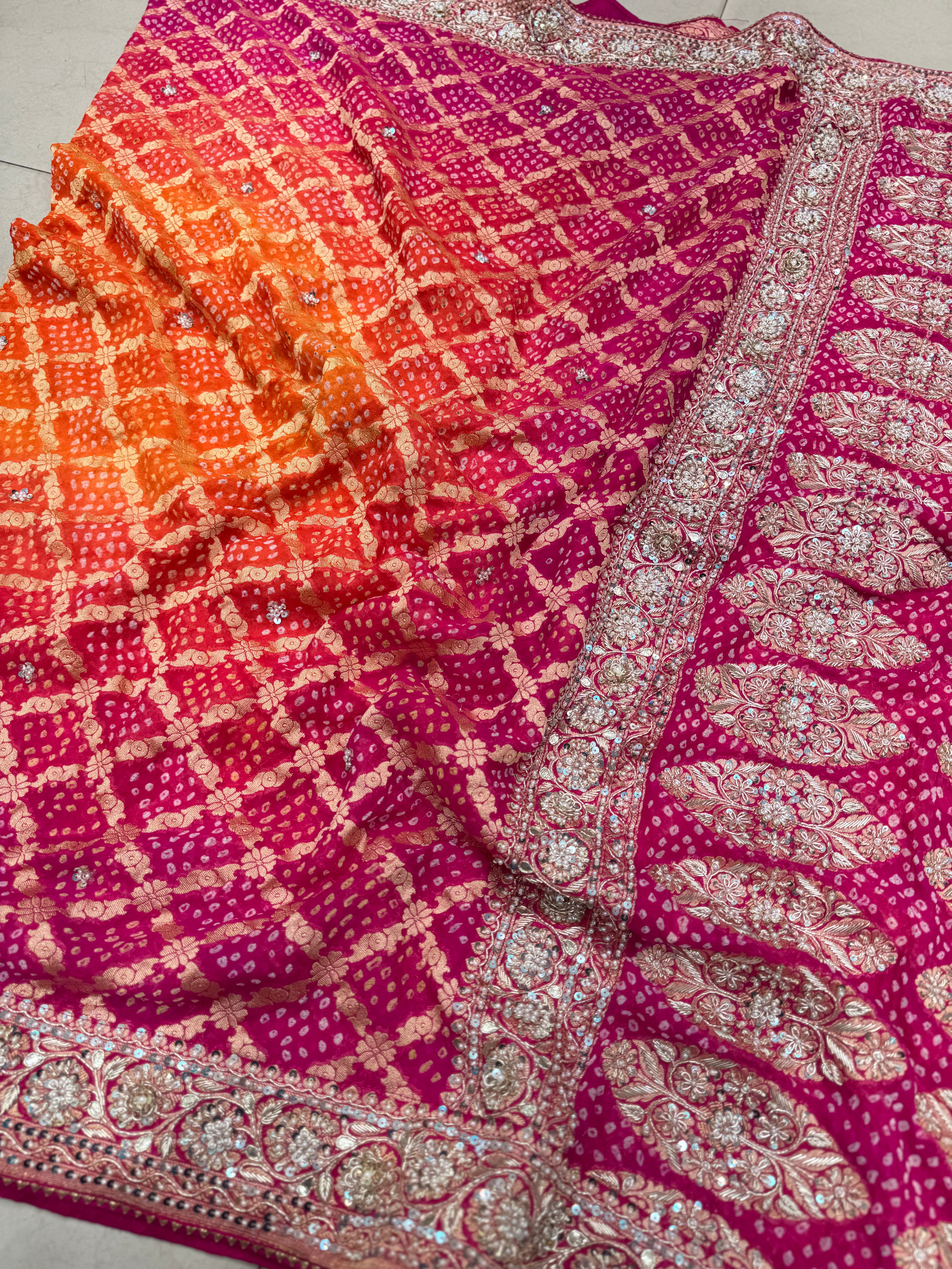 Orange Rani Shaded Bandhej Zardosi Embroidery Saree