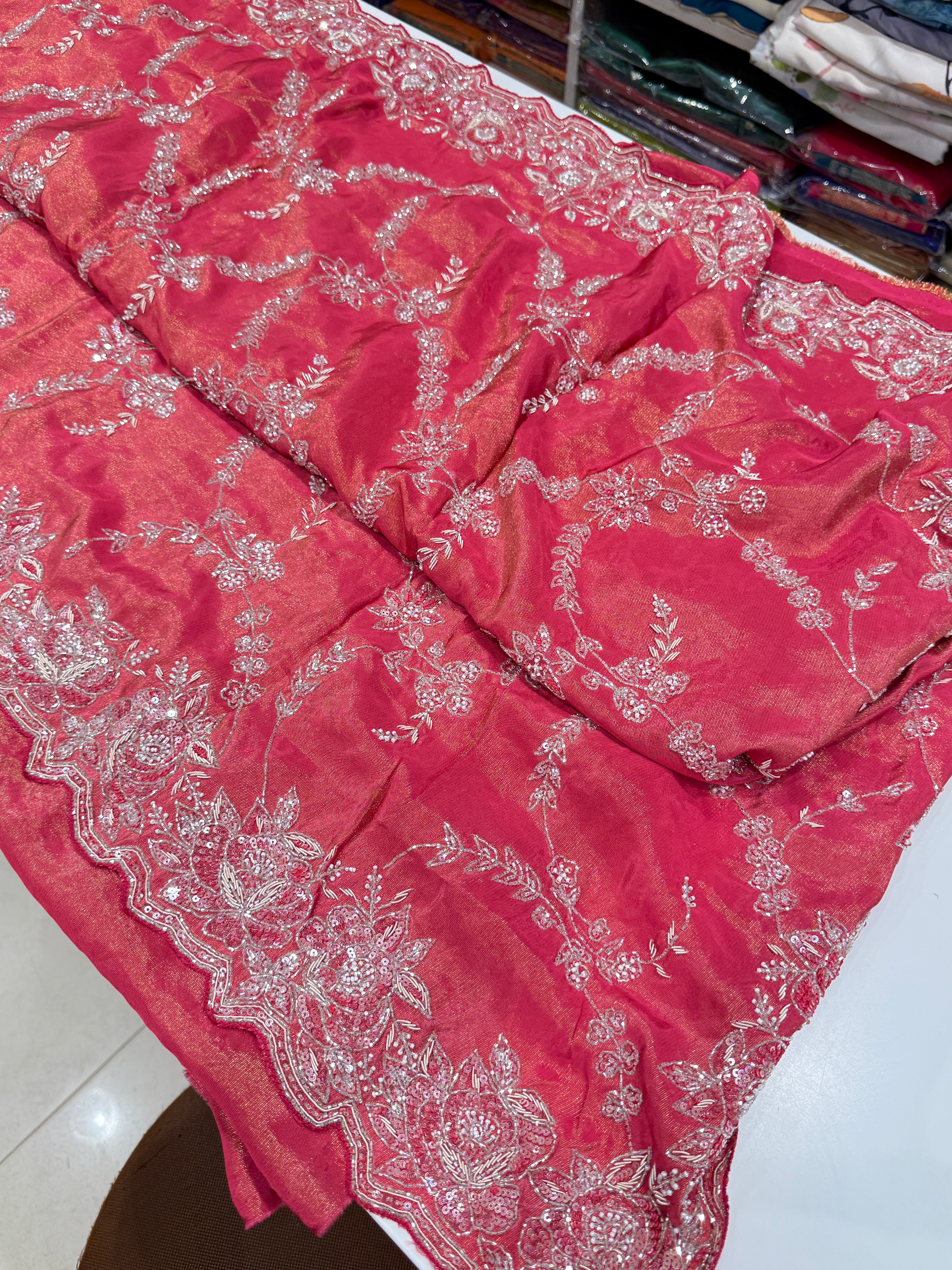 Rust Crepe Tissue Zardosi Jaal Saree