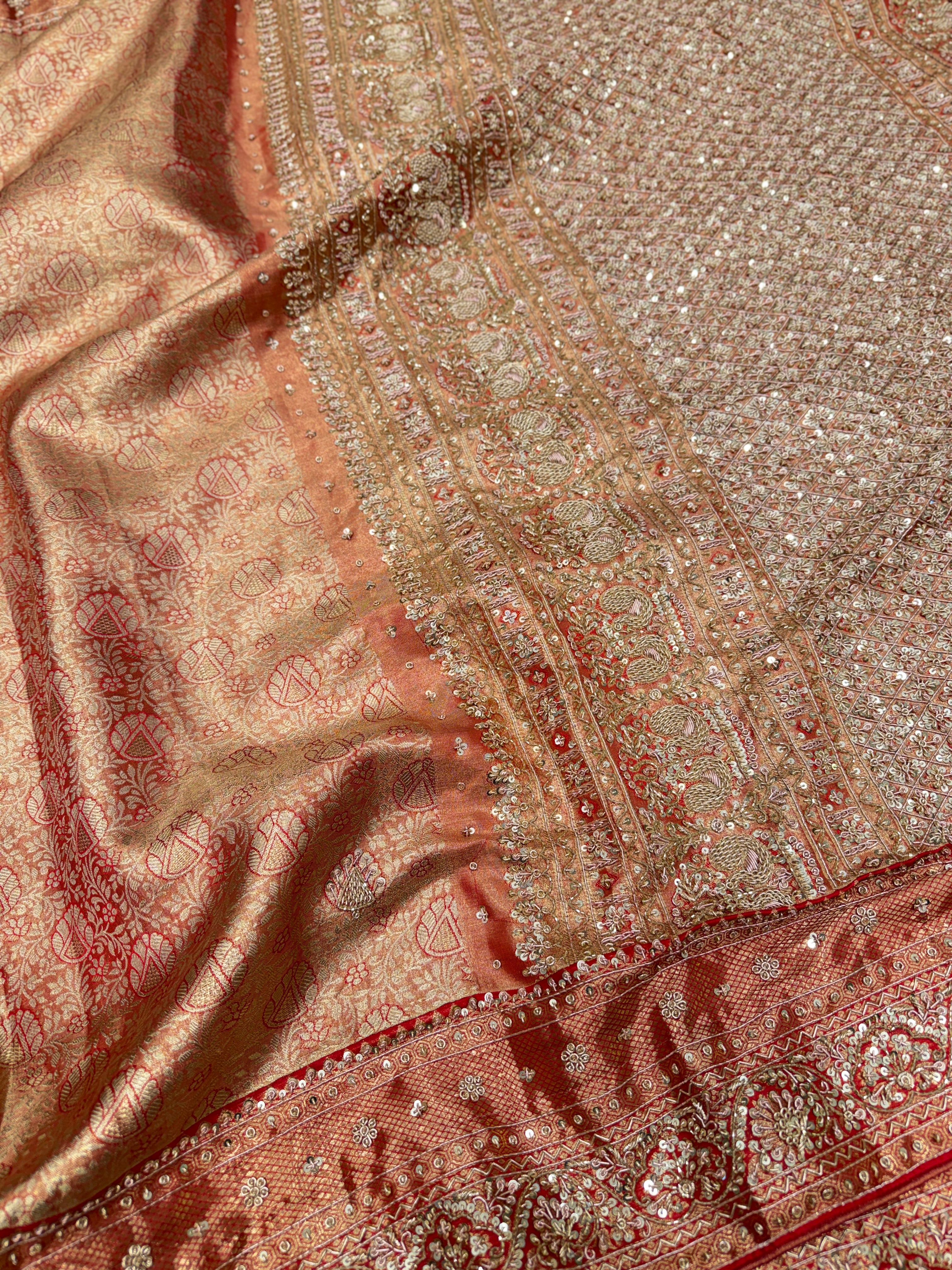 Gold Red Tissue Zardosi Kanjivaram Hand Embroidery Saree
