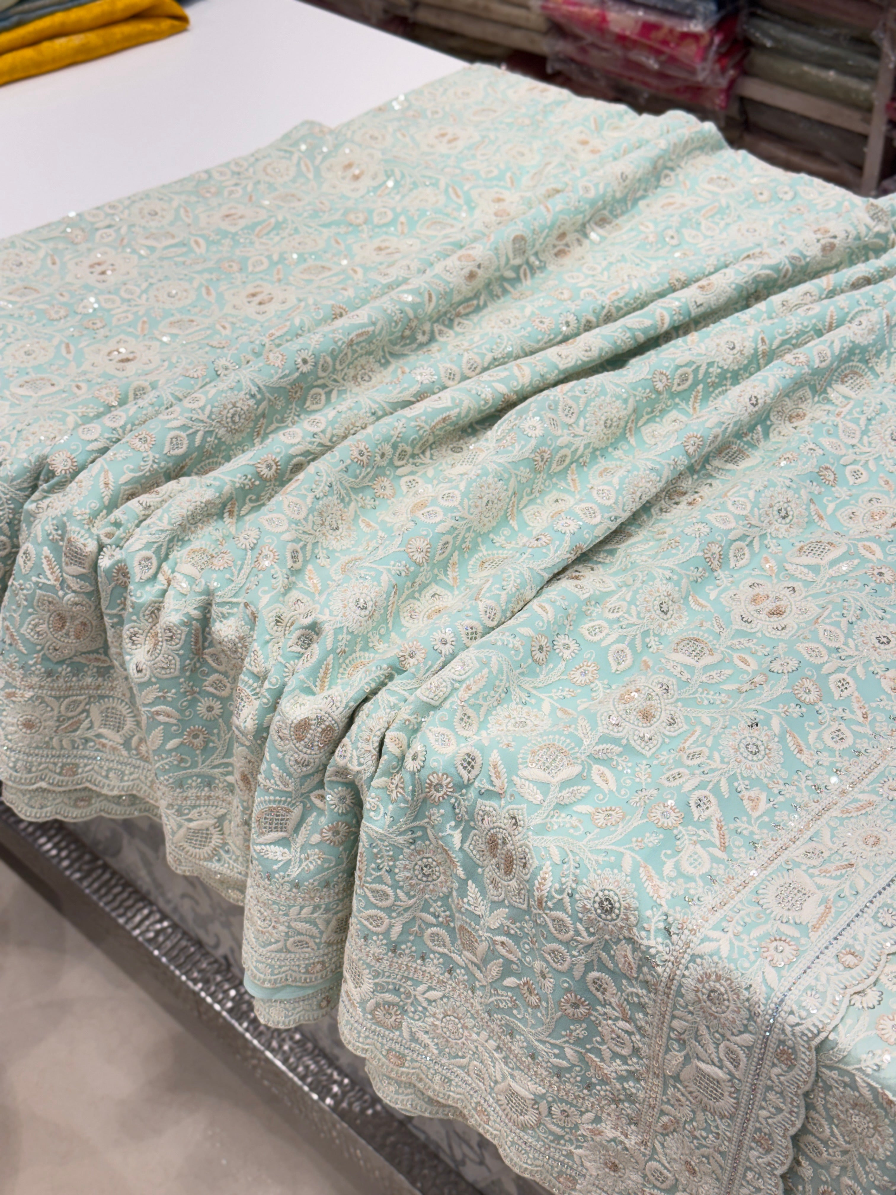 Blue Chikankari Small Scallop Design Saree