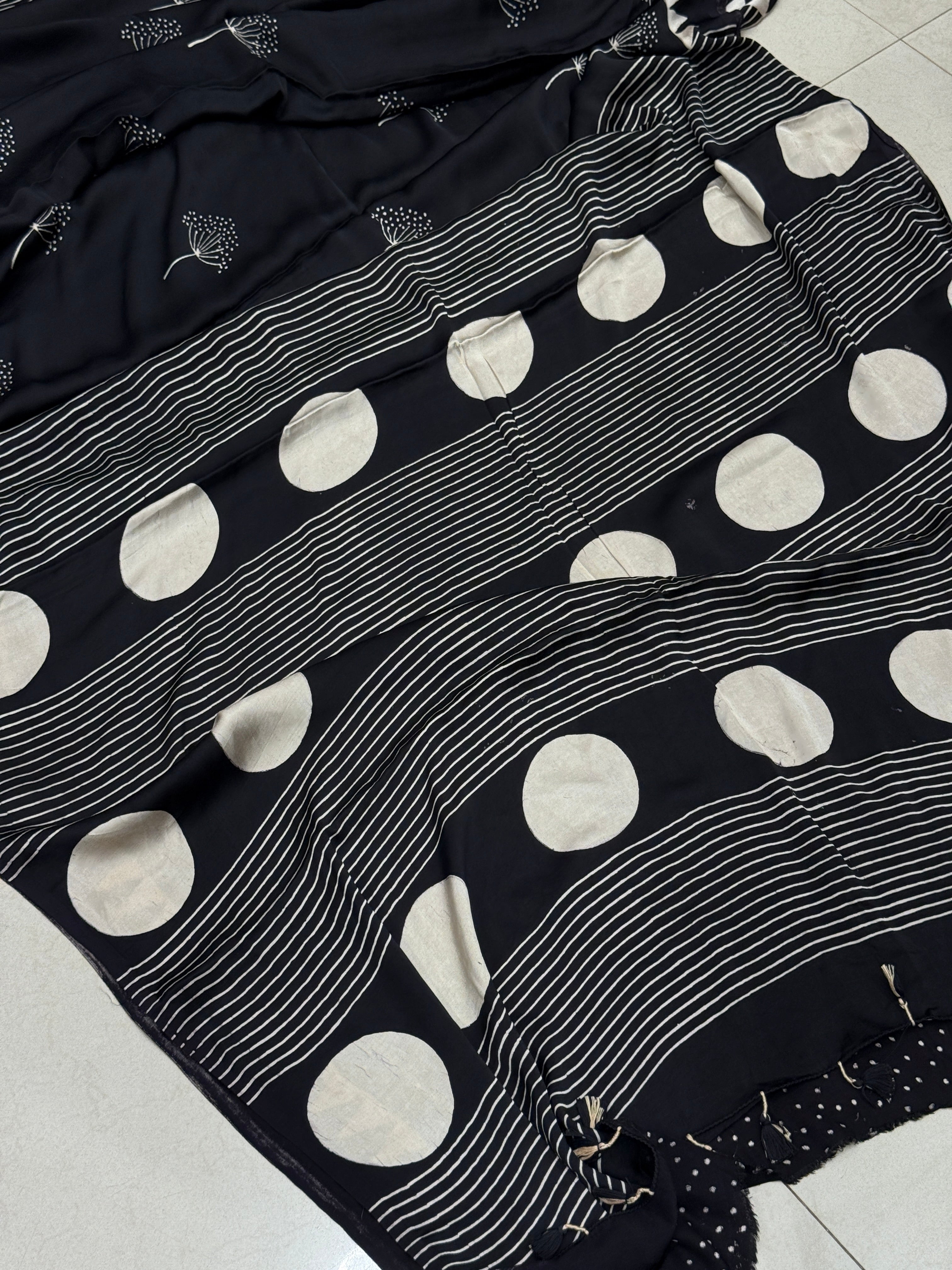 Black Contemporary Tree Buttis Ajrakh Block Print Hand Pure Gajji Silk Saree