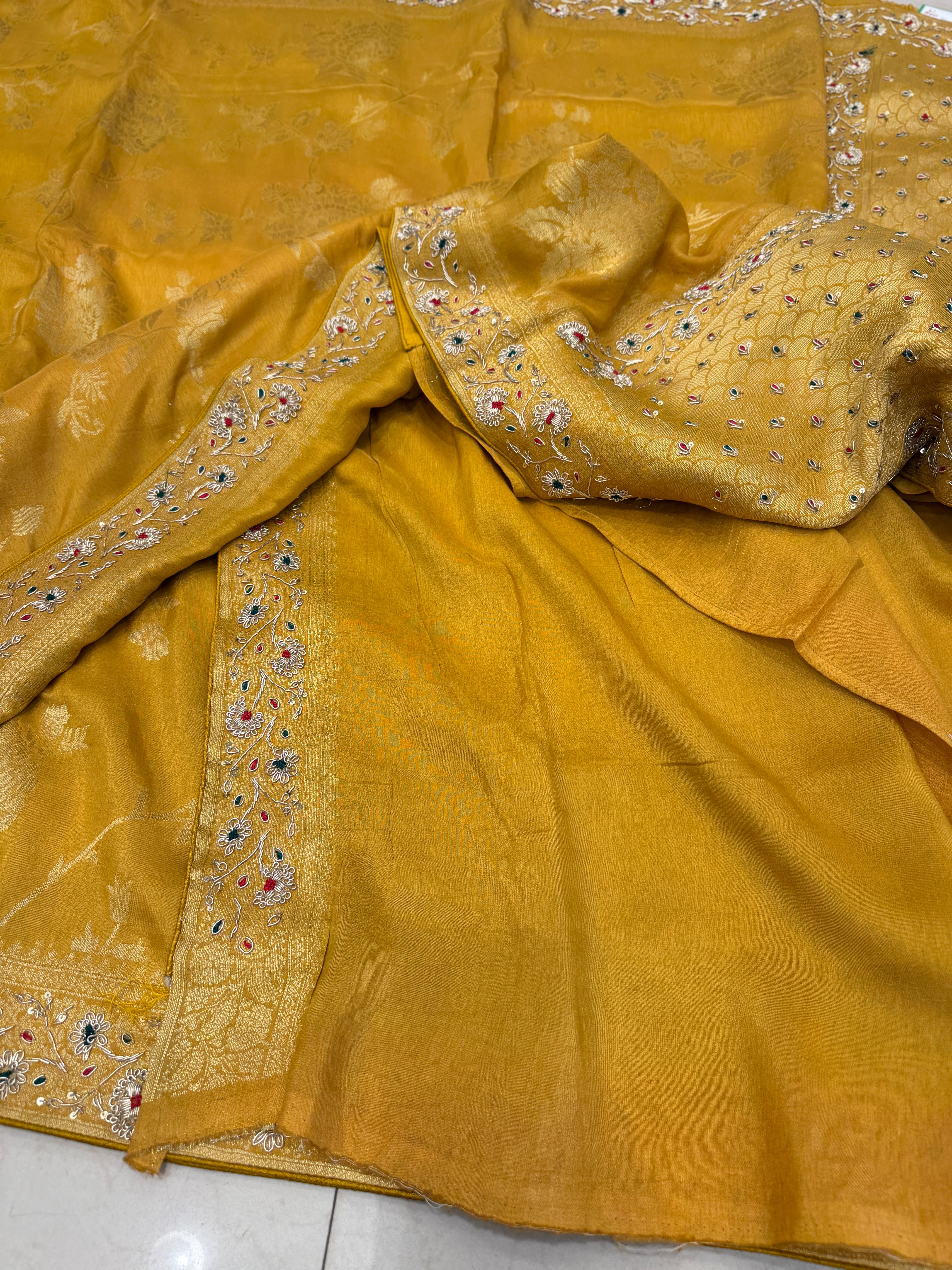 Mustard Yellow Banarasi Munga Zardosi Resham Hand Embroidery Saree