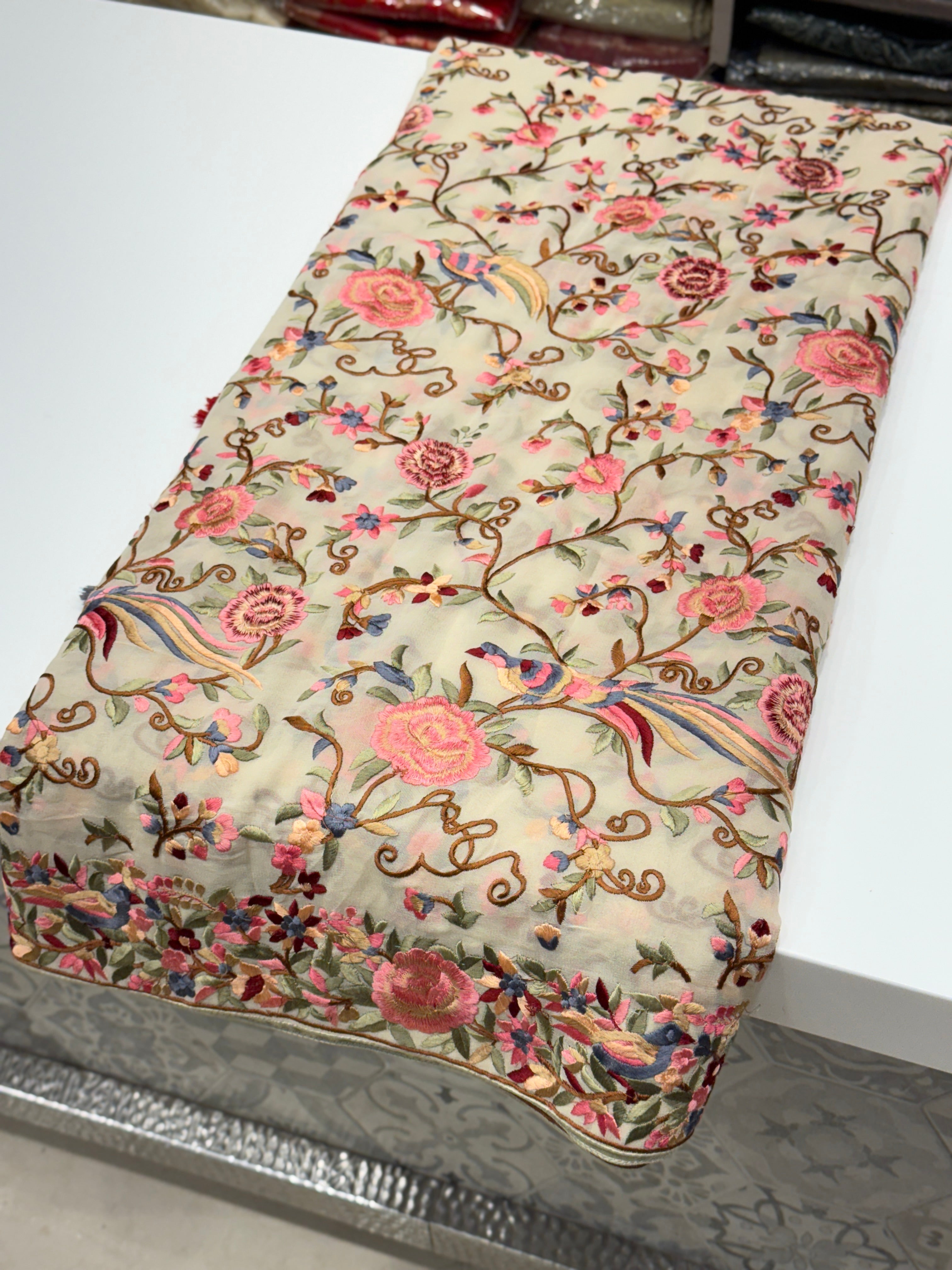 White Georgette Multi Colour Jaal Flamingo Parsi Gara Saree