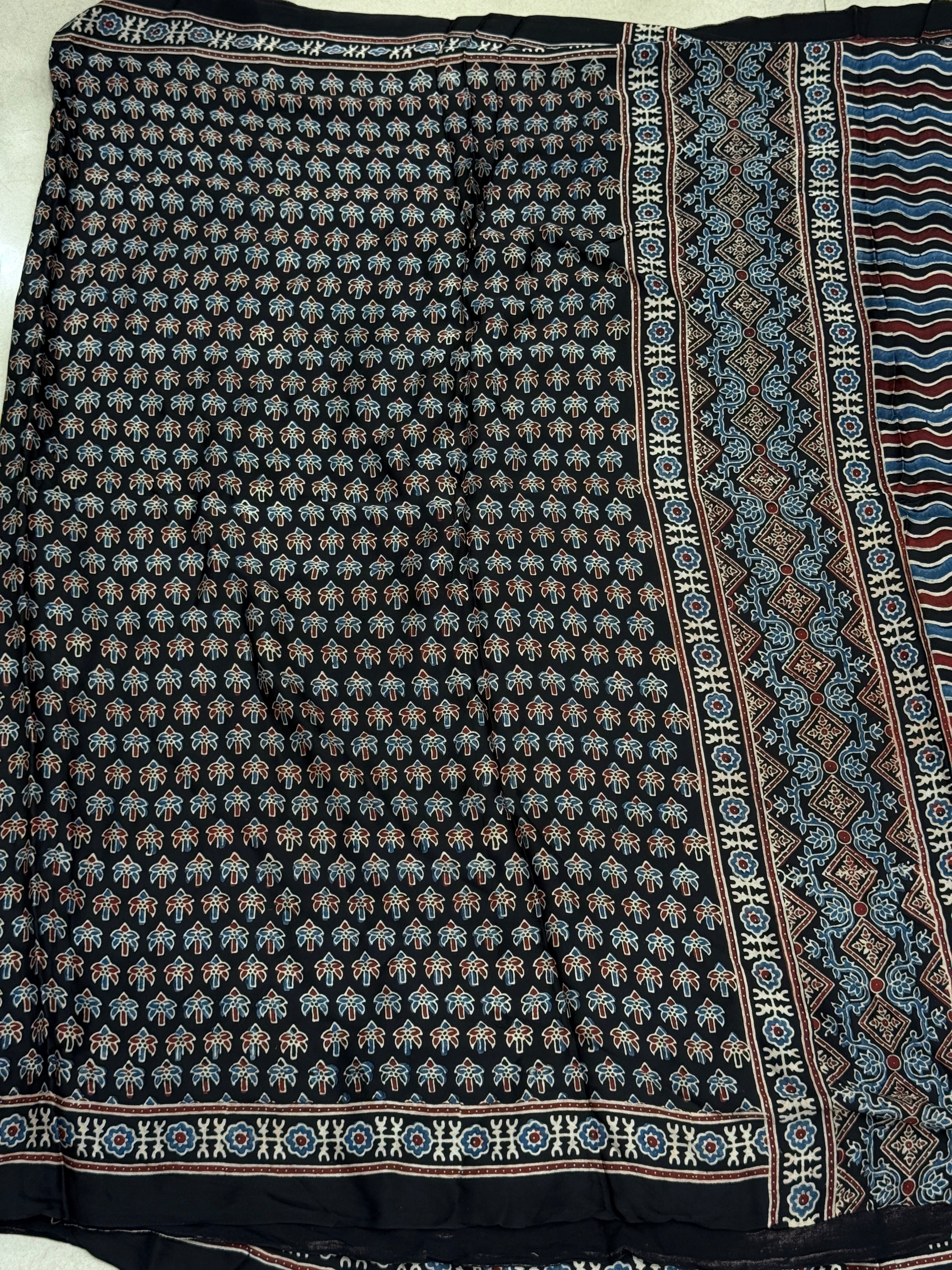 Black Small Tree Buttis Ajrakh Block Print Hand Pure Gajji Silk Saree