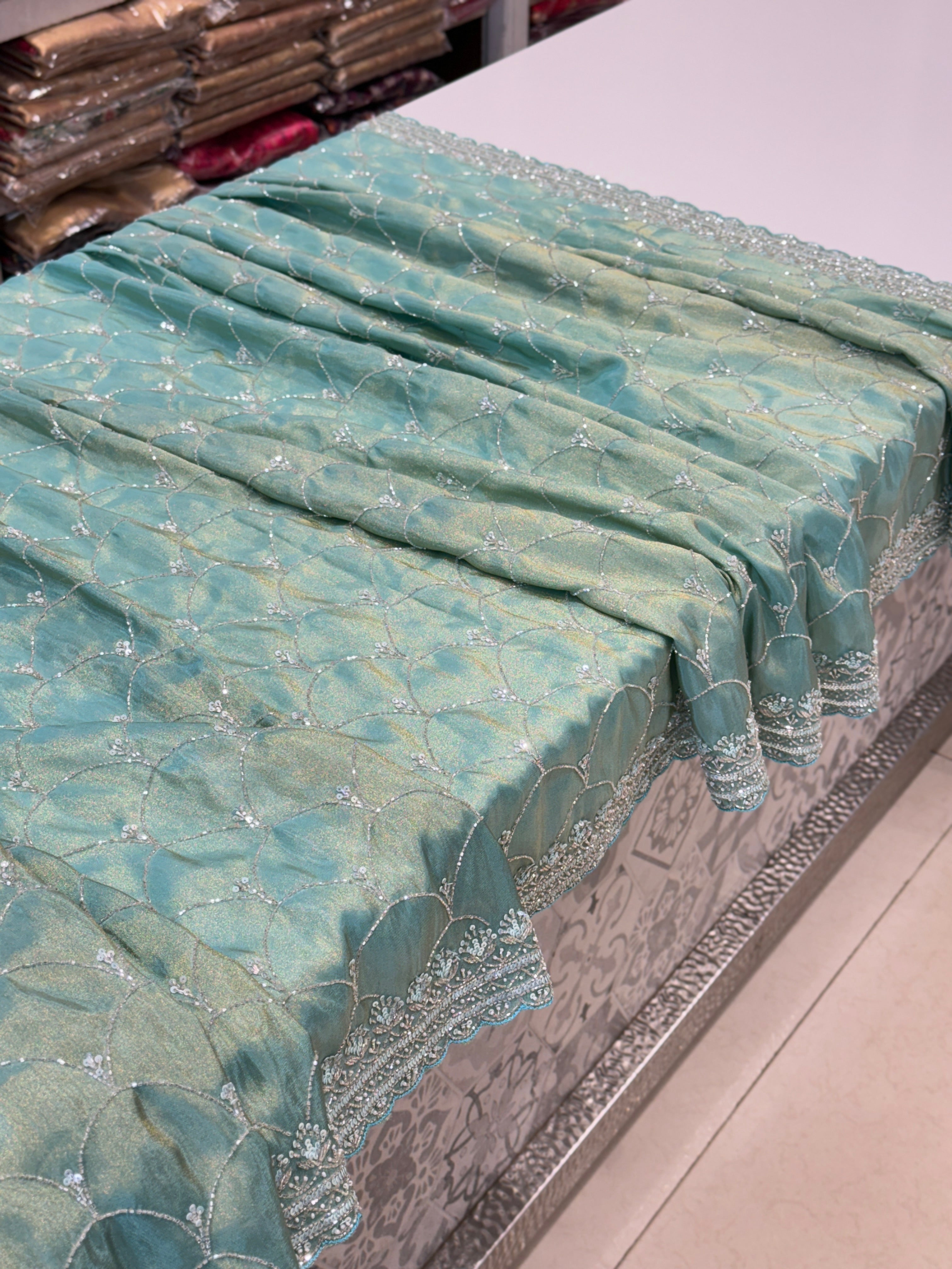 Sea Green Crepe Tissue Sequin Embroidery Saree
