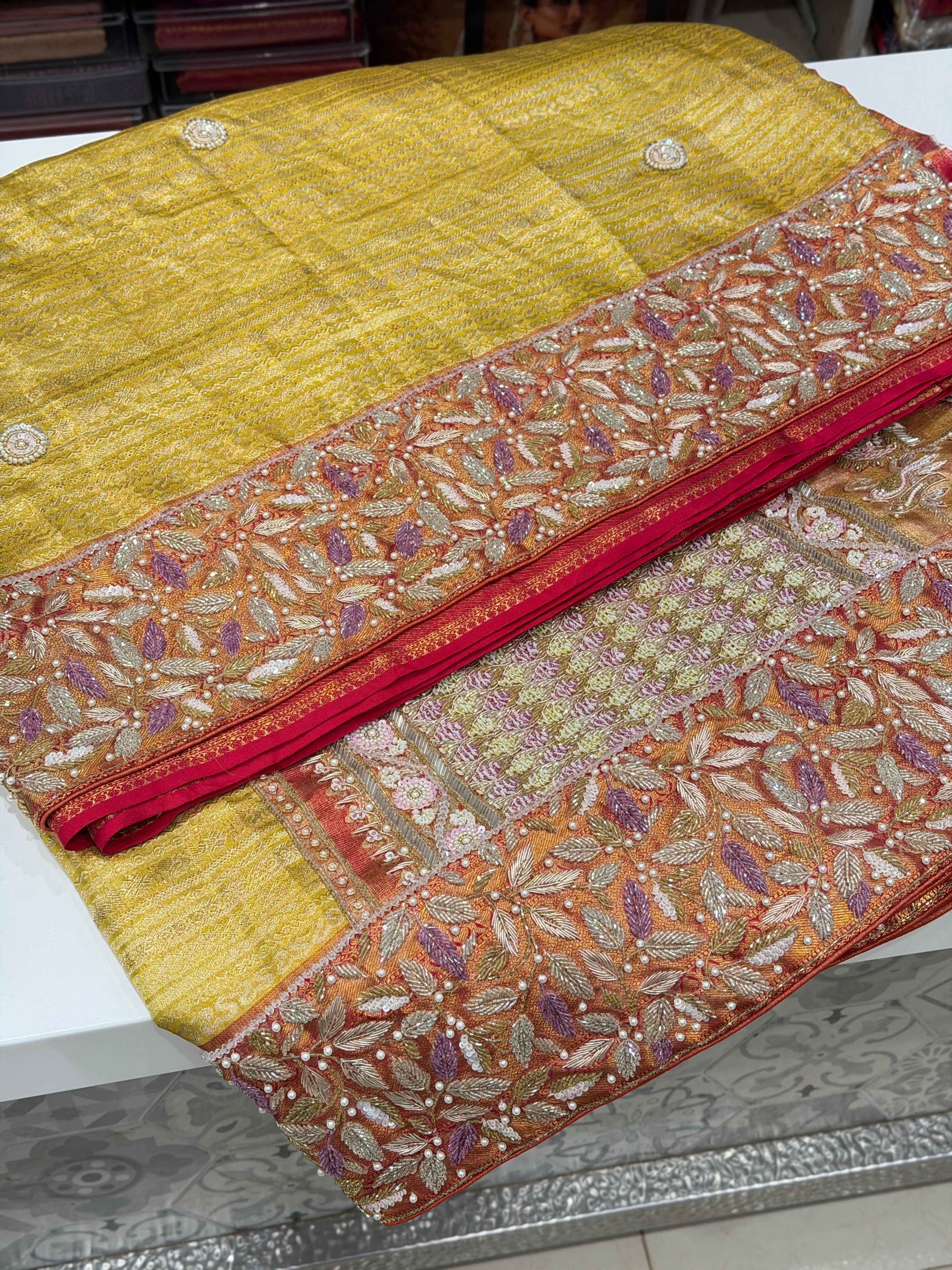 Lime Crimson Kanjivaram Contemporary Moti Zardosi Hand Embroidery Saree