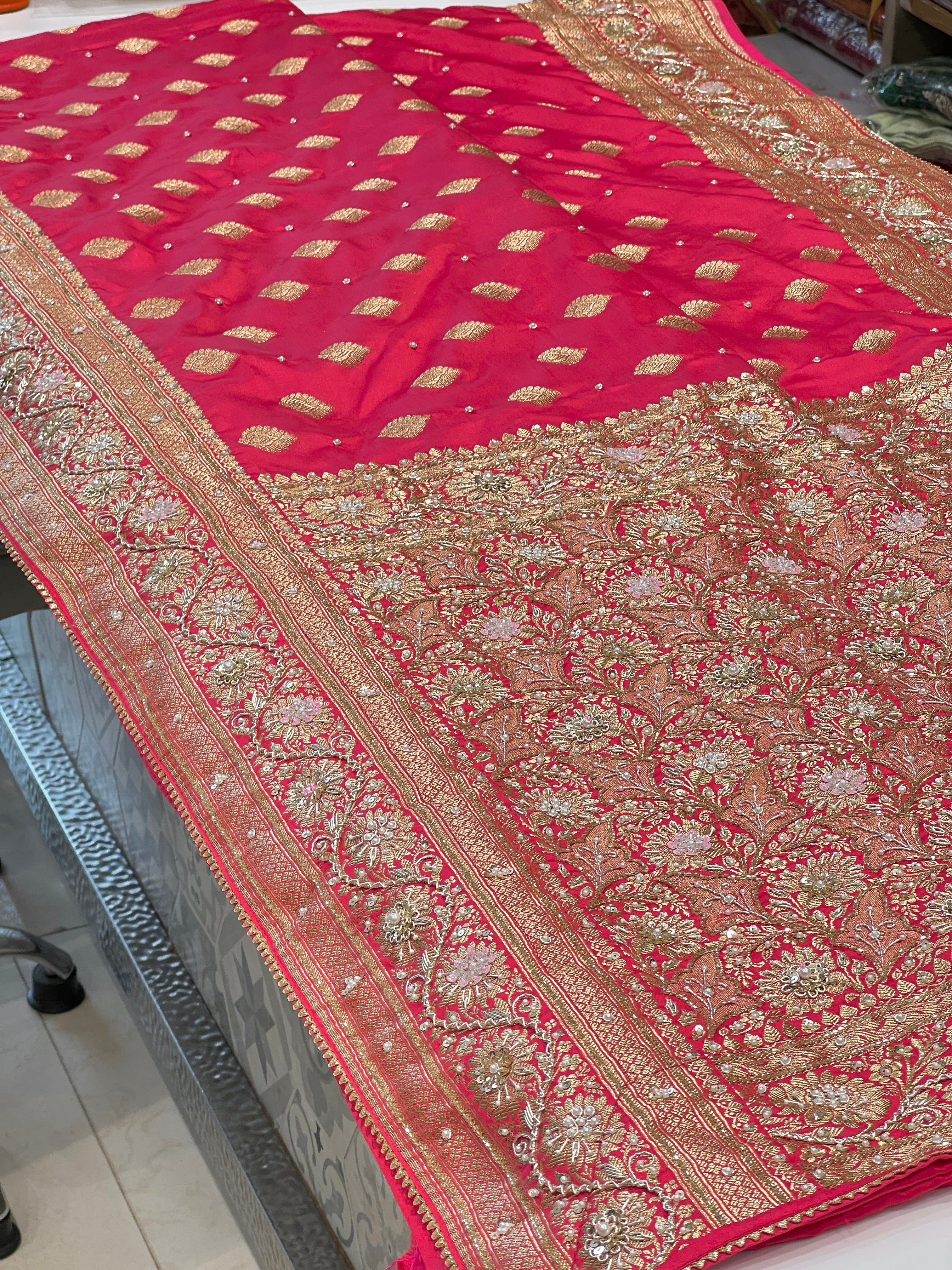 Strawberry Banarasi Silk Butti Hand Embroidery Saree