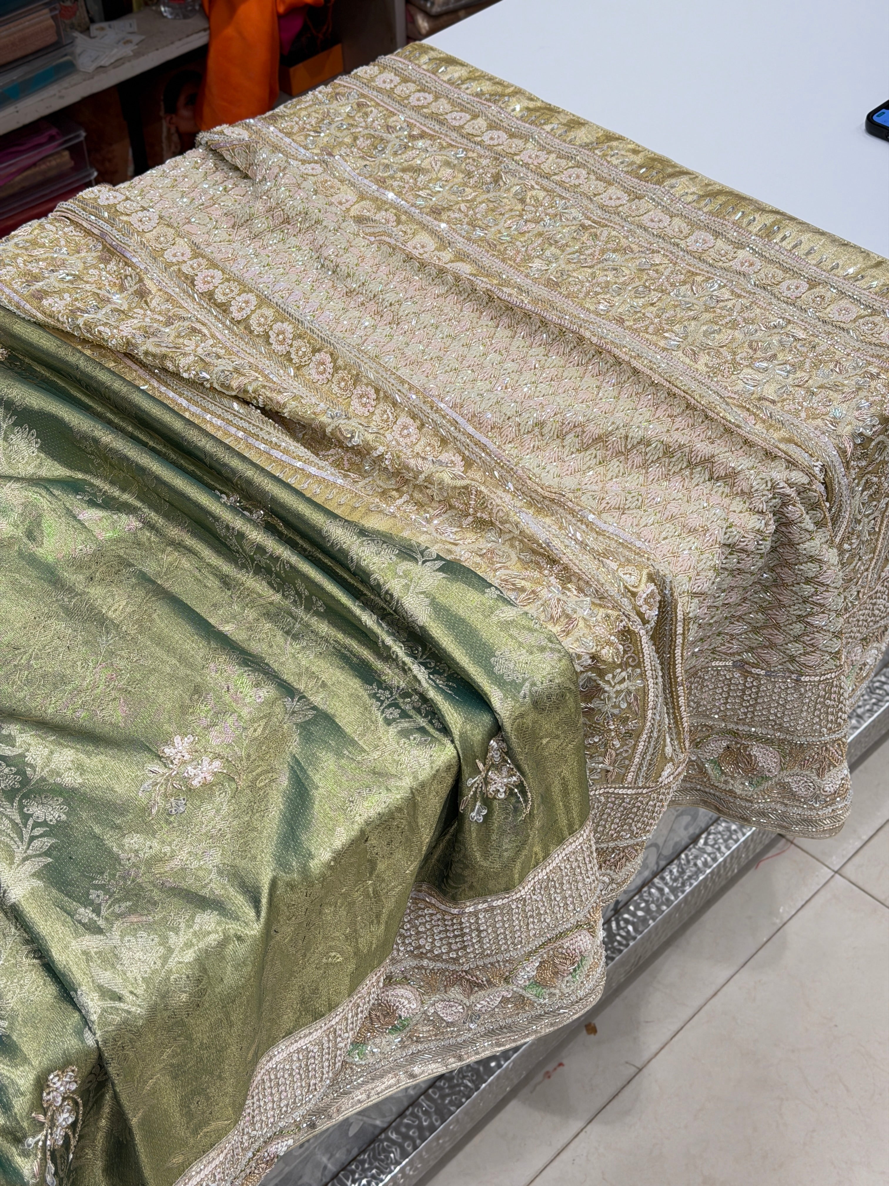 Green Kanjivaram Three Zari Hand Embroidery Zardosi Moti Sequin Saree
