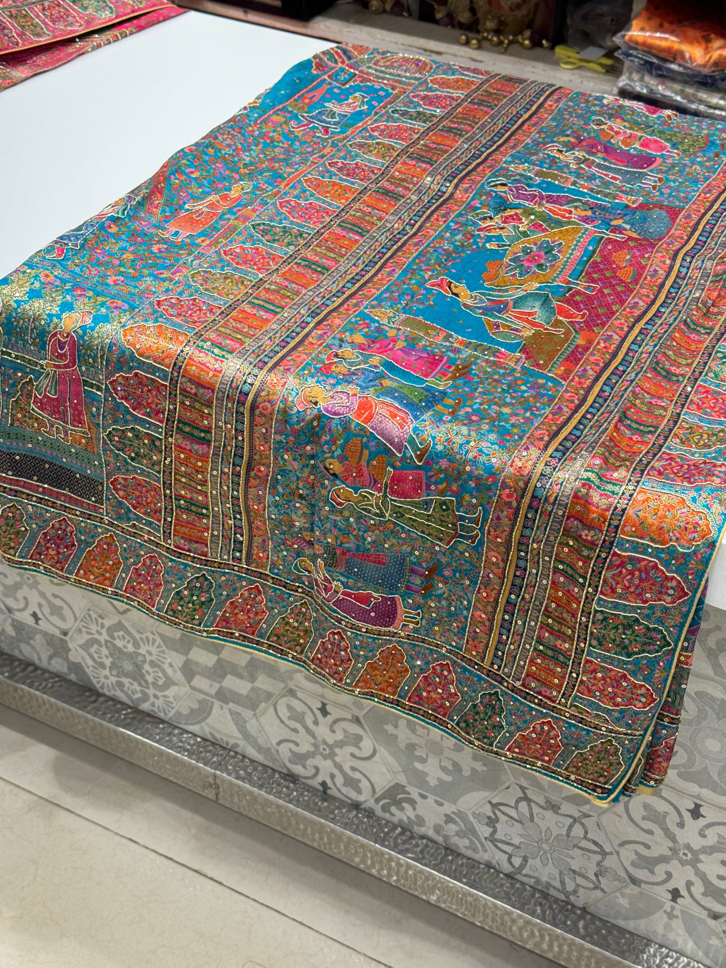 Firozi Blue Darbar Pashmina Style Weave with Hand Embroidery