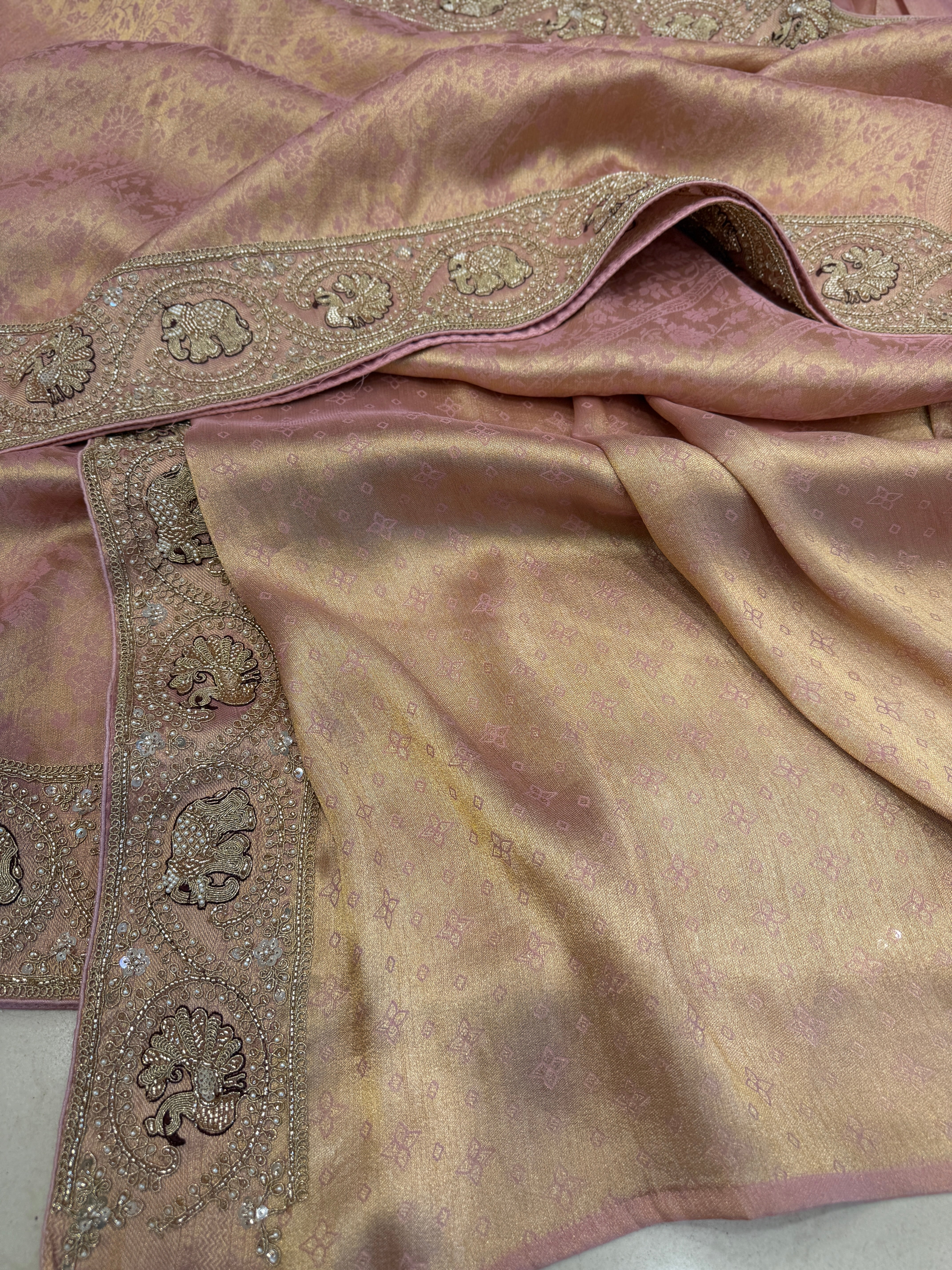 Light Pink Banarasi Crepe Tissue Elephant Motif Embroidery Saree