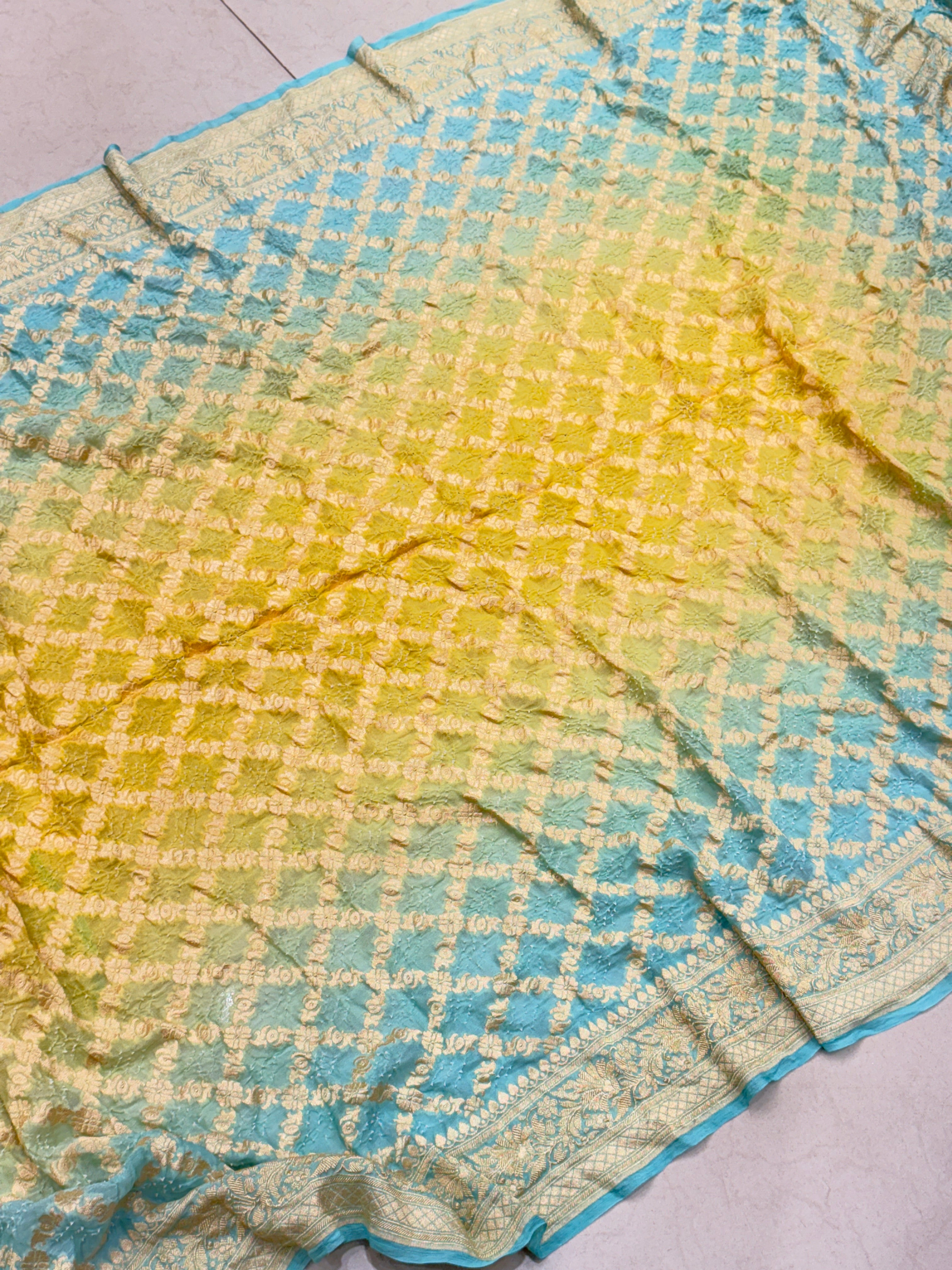 Blue Yellow Shaded Floral Border Bandhej Bandhini Saree