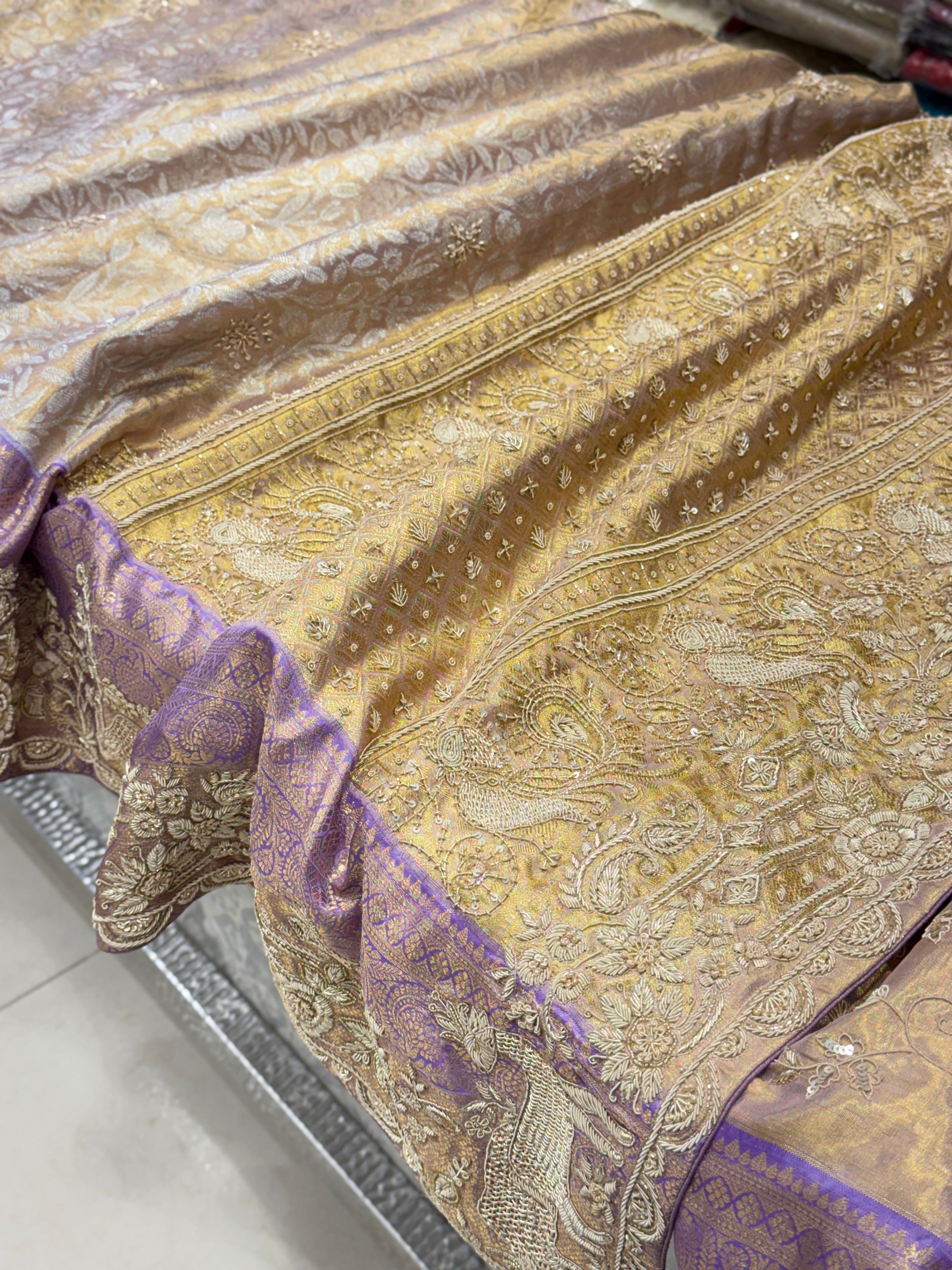 Lilac Kanjivaram Zardosi Figure Hand Embroidery Saree
