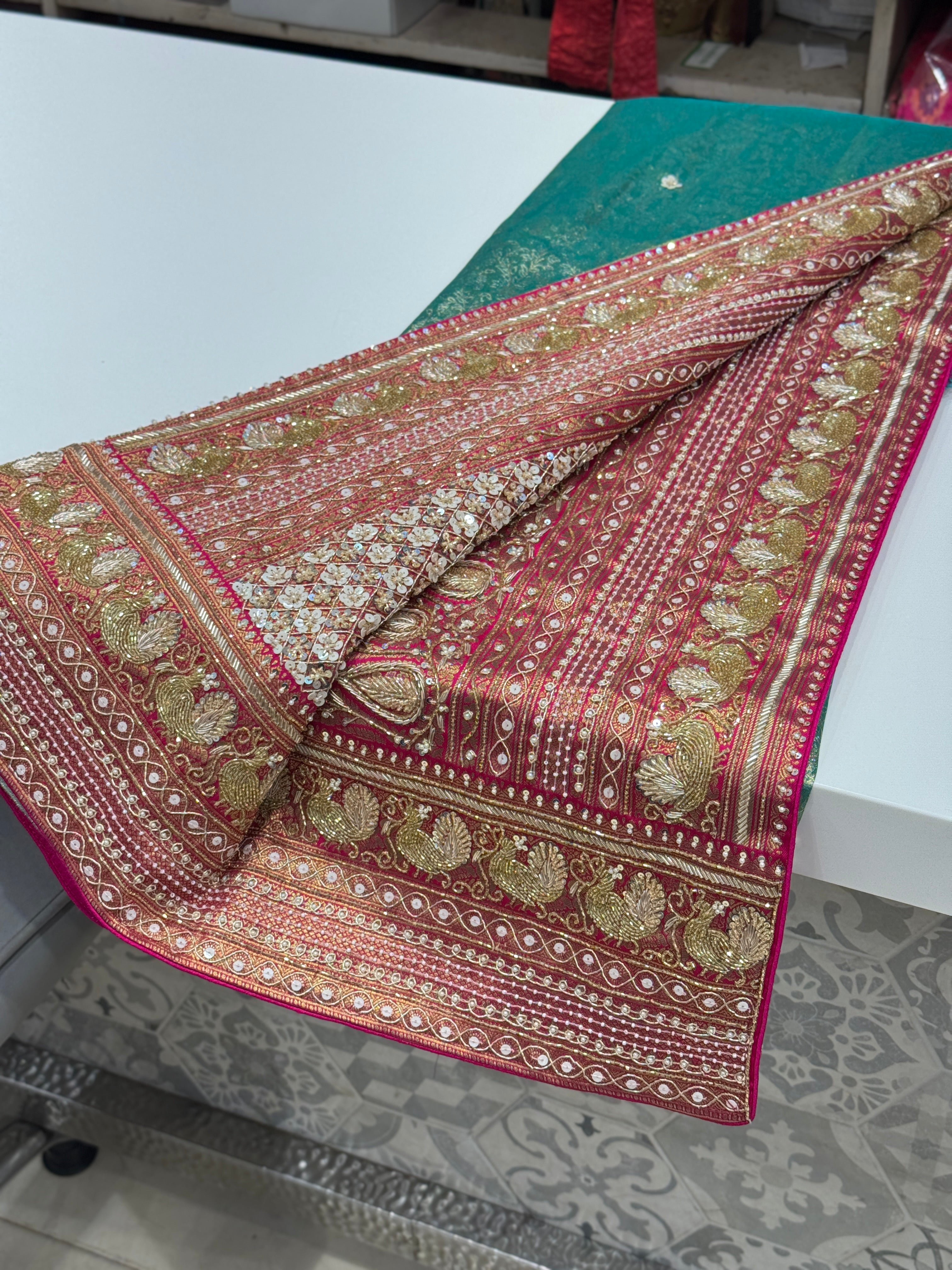 Green Rani Tissue Kanjivaram Hand Embroidery Saree