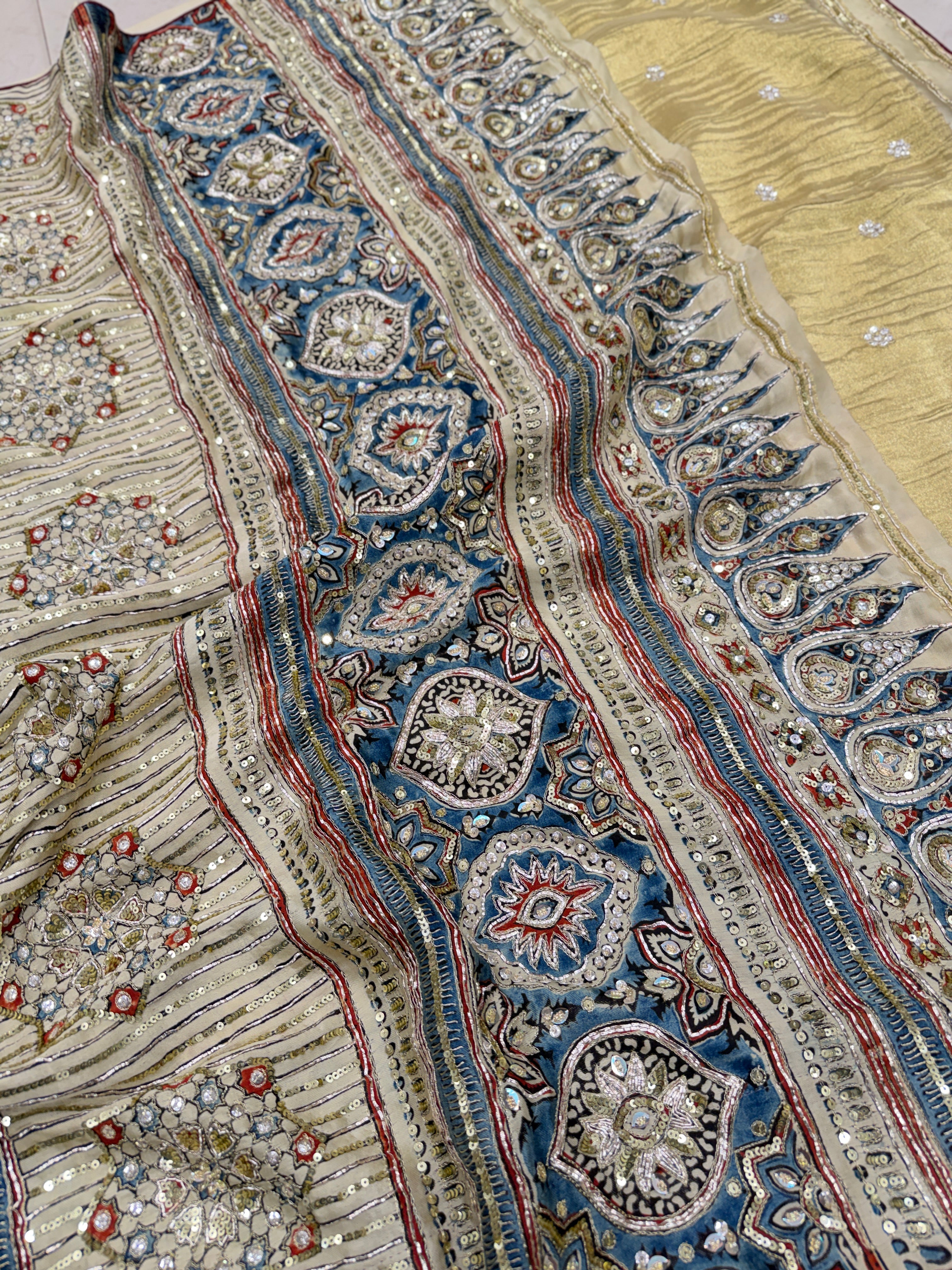 White Buttas Zardosi Sequin Ajrakh Hand Embroidery Saree
