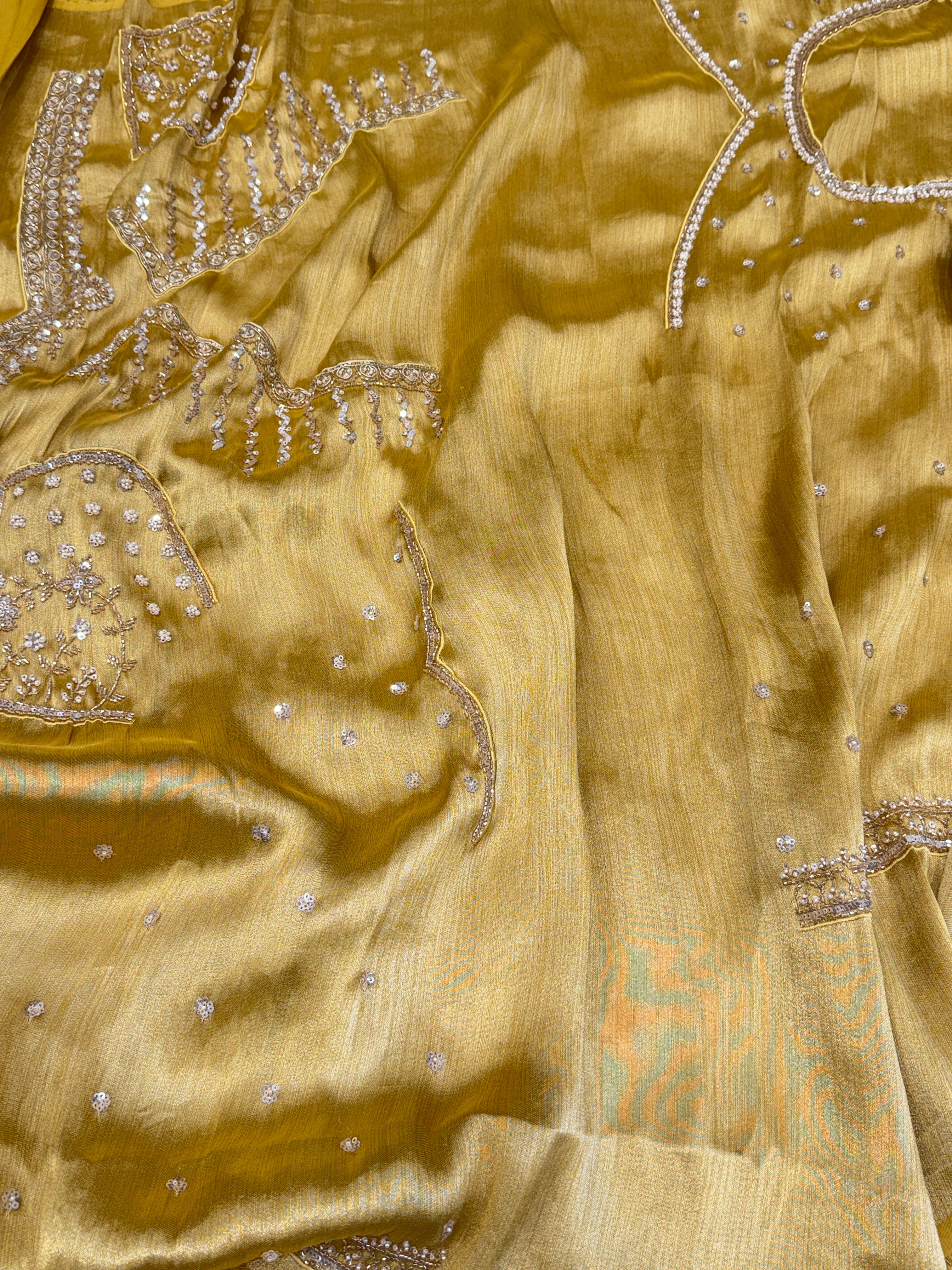 Yellow Tissue Half and Half Embroidery Cutdana Moti Jaal Saree