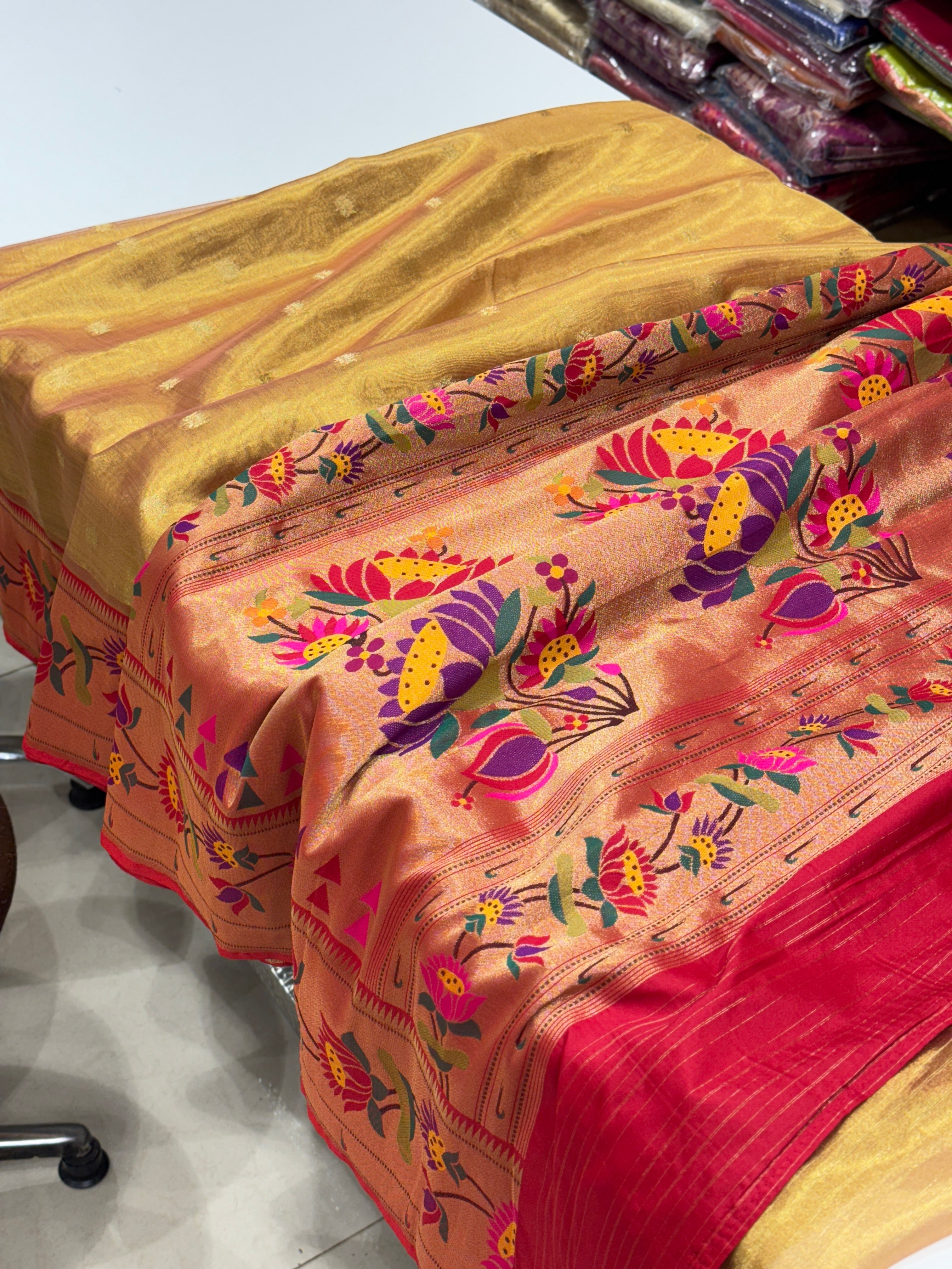 Gold Tissue Paithani Lotus Floral Border Saree