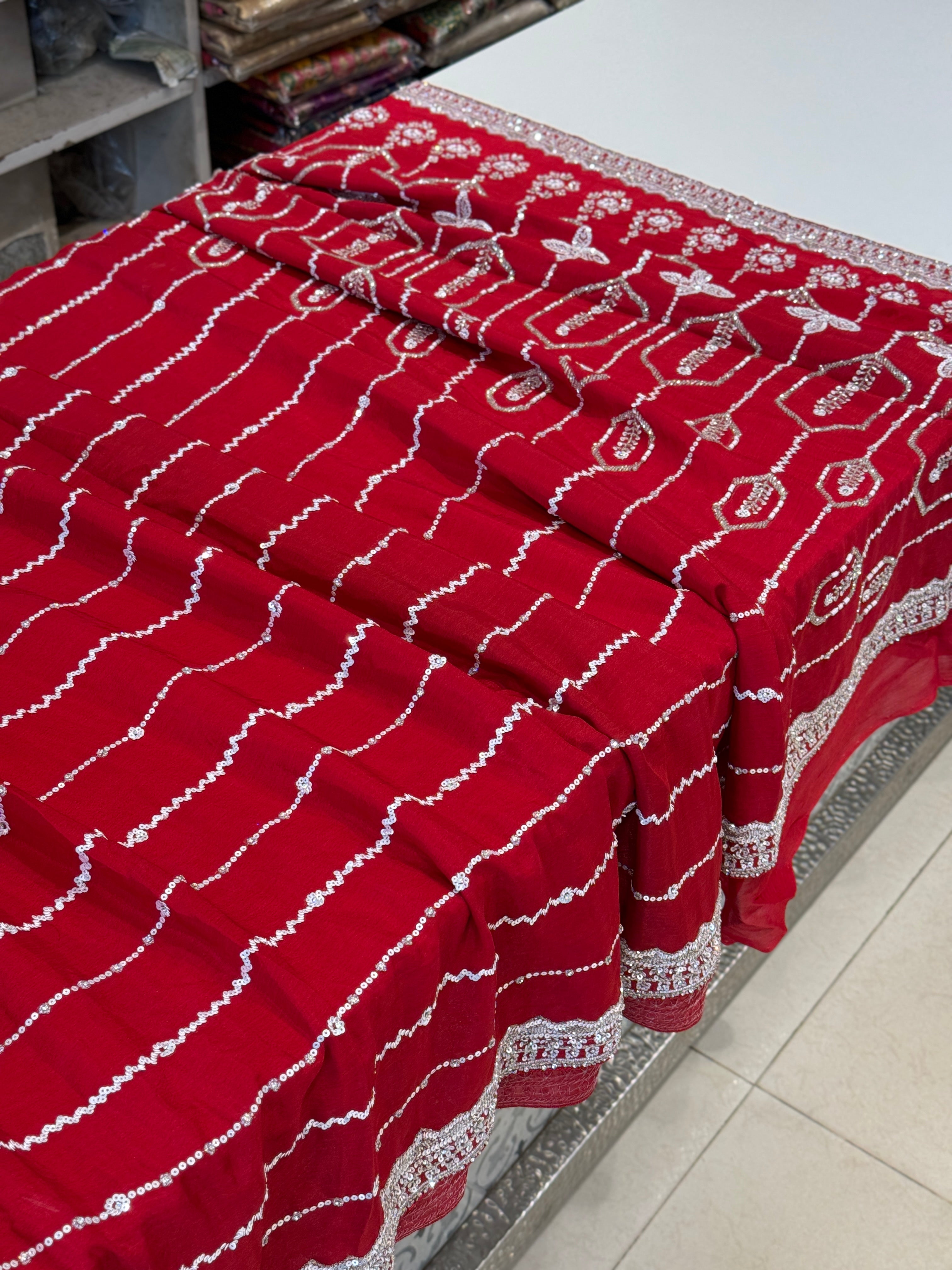 Maroonish Red Contemporary Chiffon Embroidery Saree
