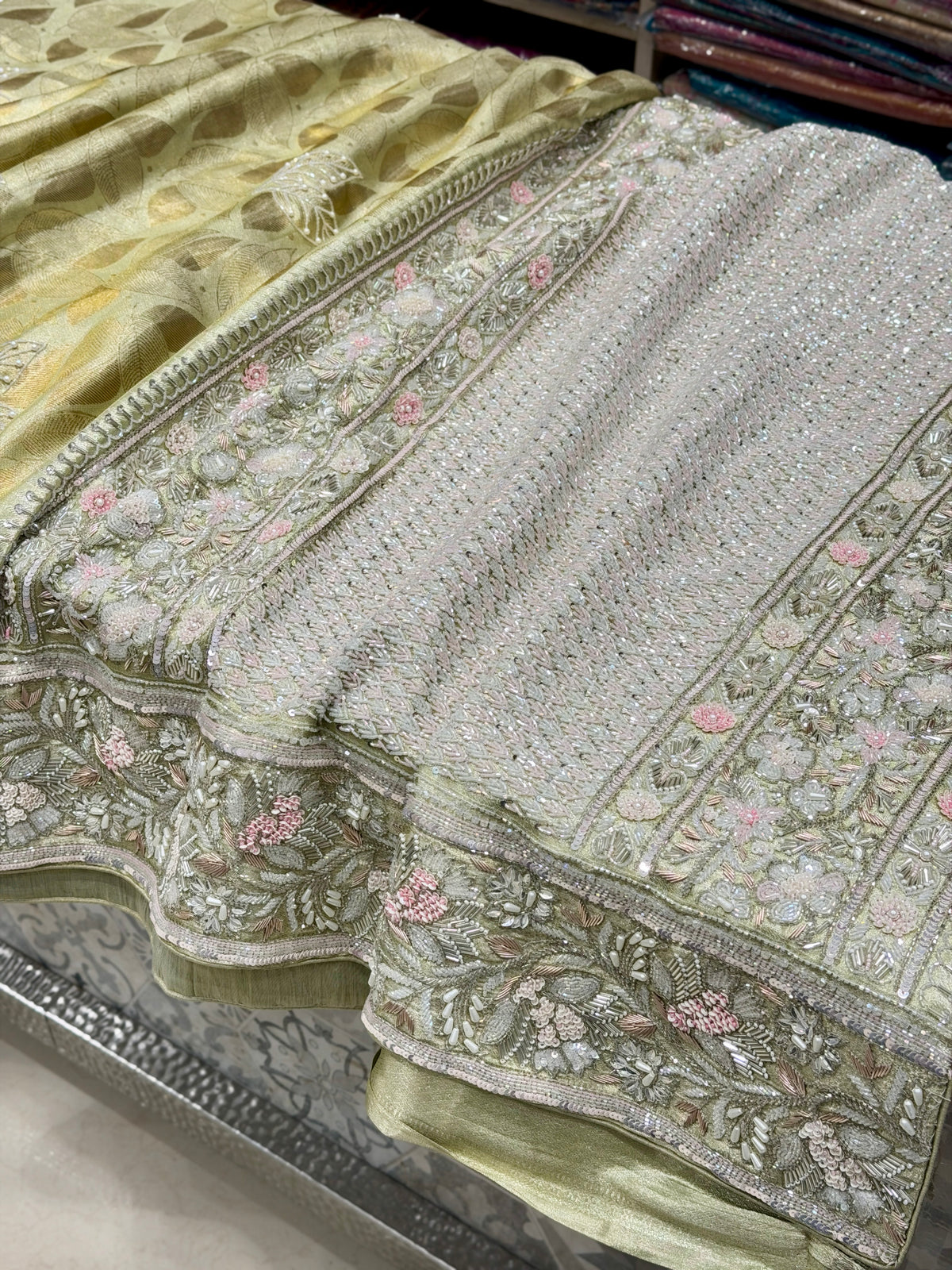 Pista Green Silver Kanjivaram Three Zari Hand Embroidery Zardosi Moti Sequin Saree