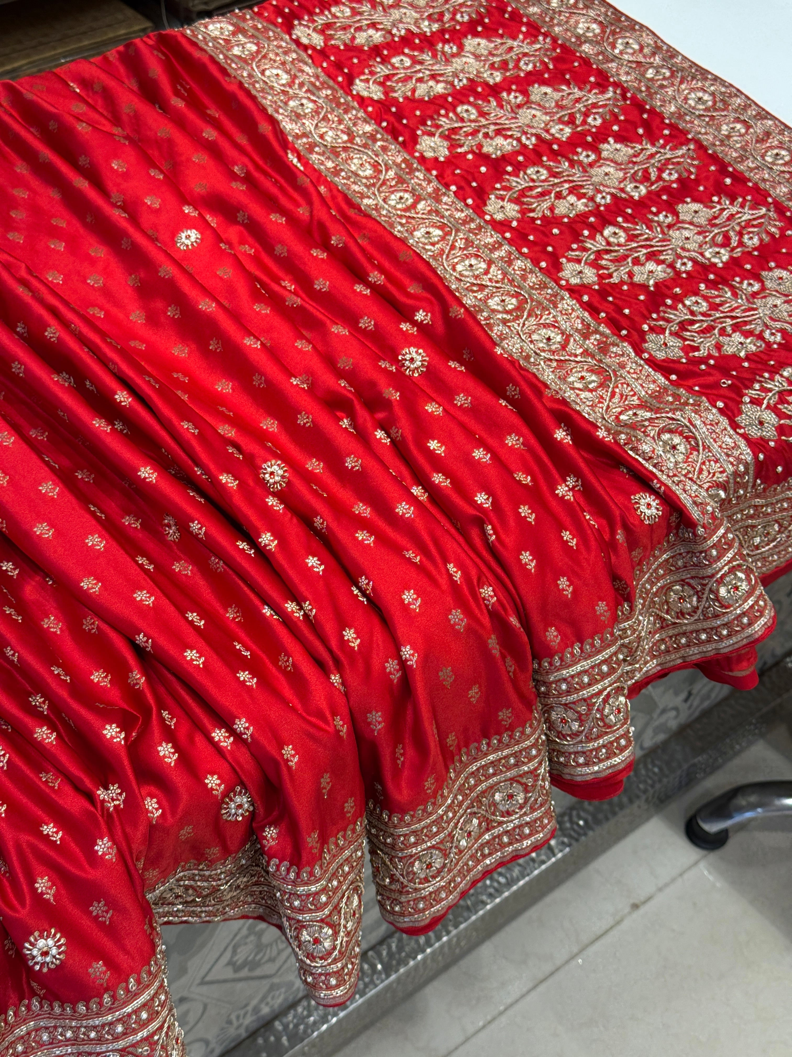 Red Banarasi Silk Small Butti Crystal Zardozi Hand Embroidery Saree