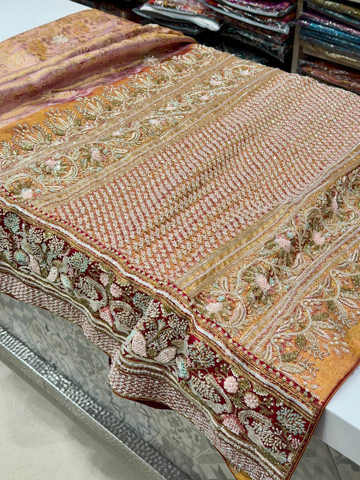 Light Pink Meenakari Jaal Kanjivaram Moti Zardosi Hand Embroidery Saree