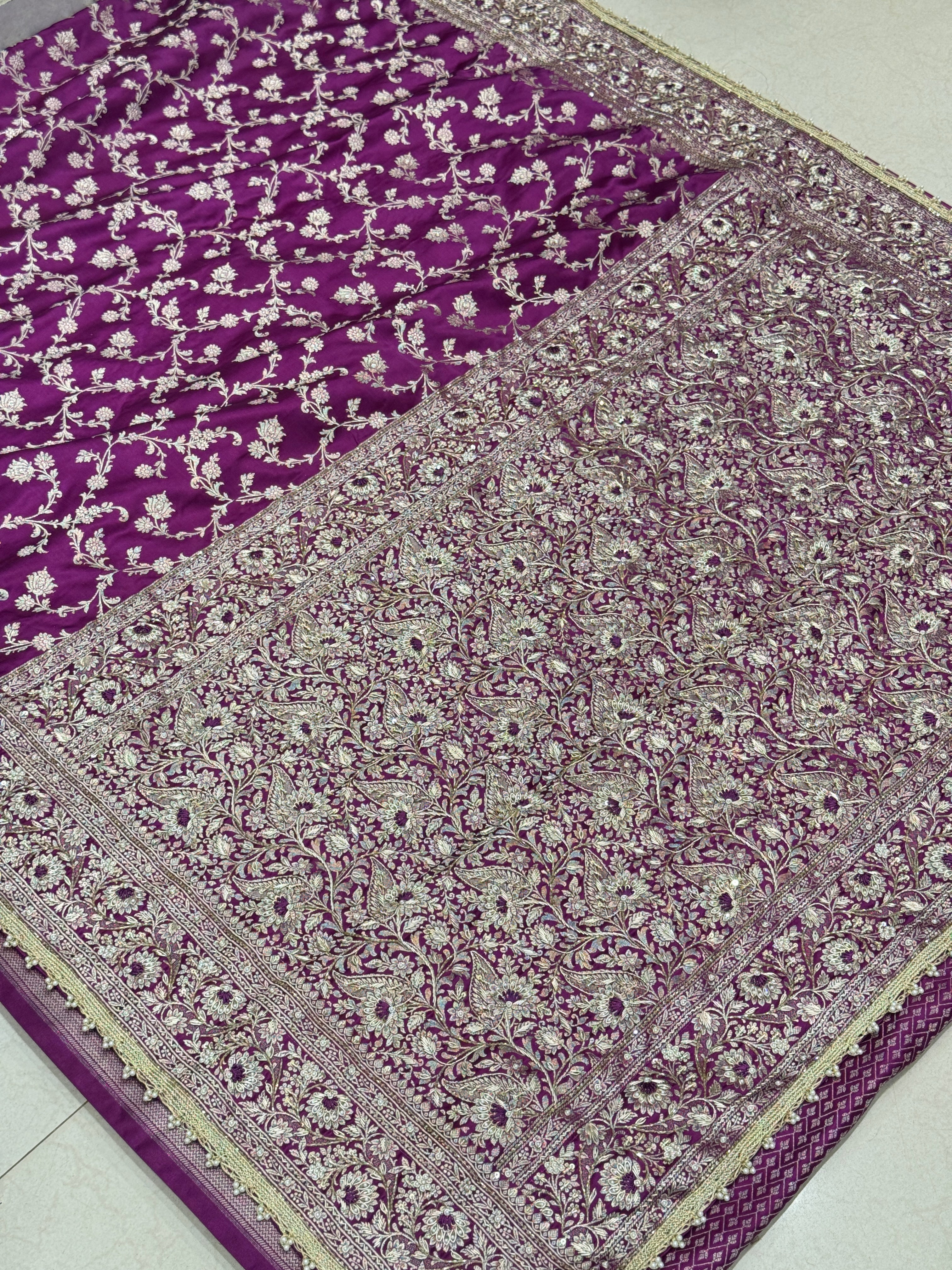 Wine Banarasi Upside Down Hand Embroidery Zardosi Resham Saree