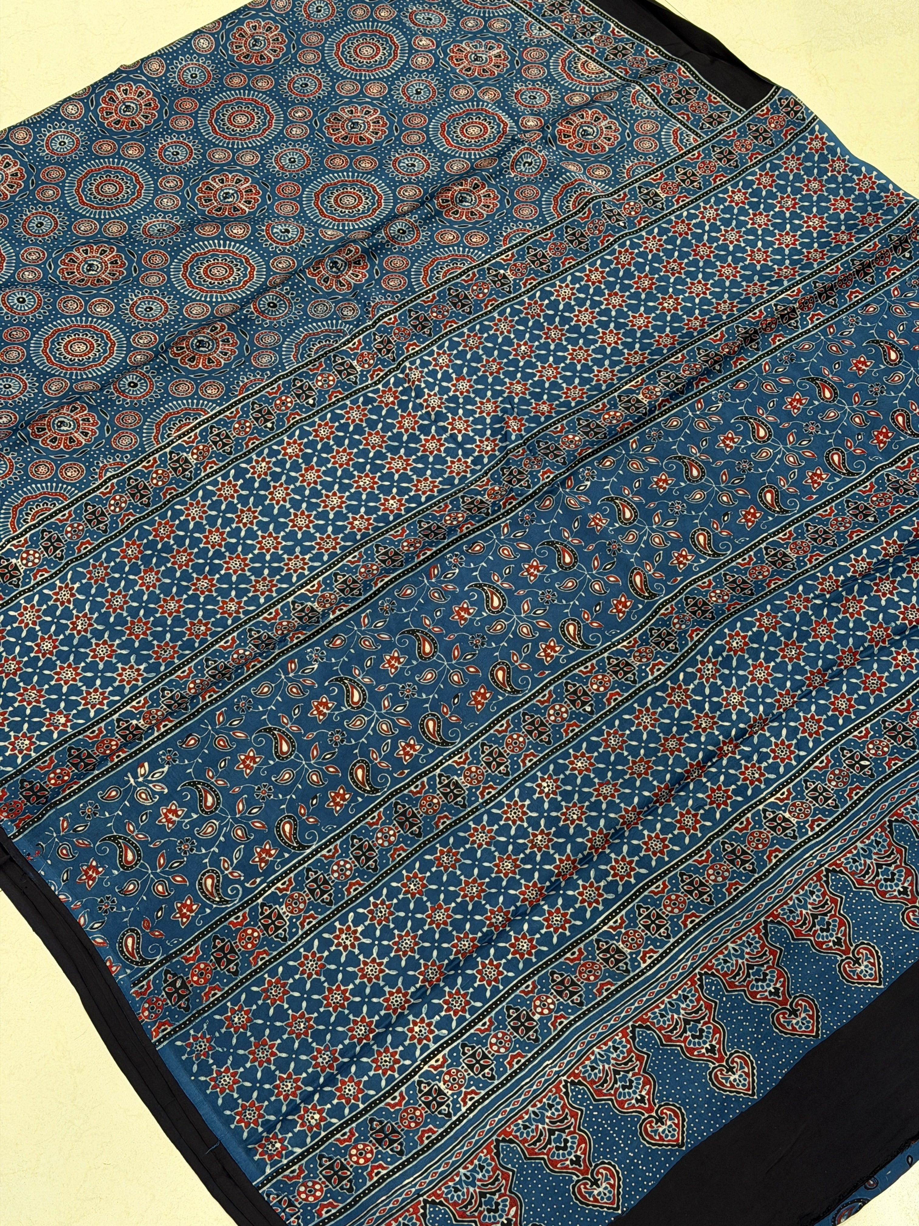 Blue Circles Ajrakh Hand Block Print Pure Modal Silk Saree