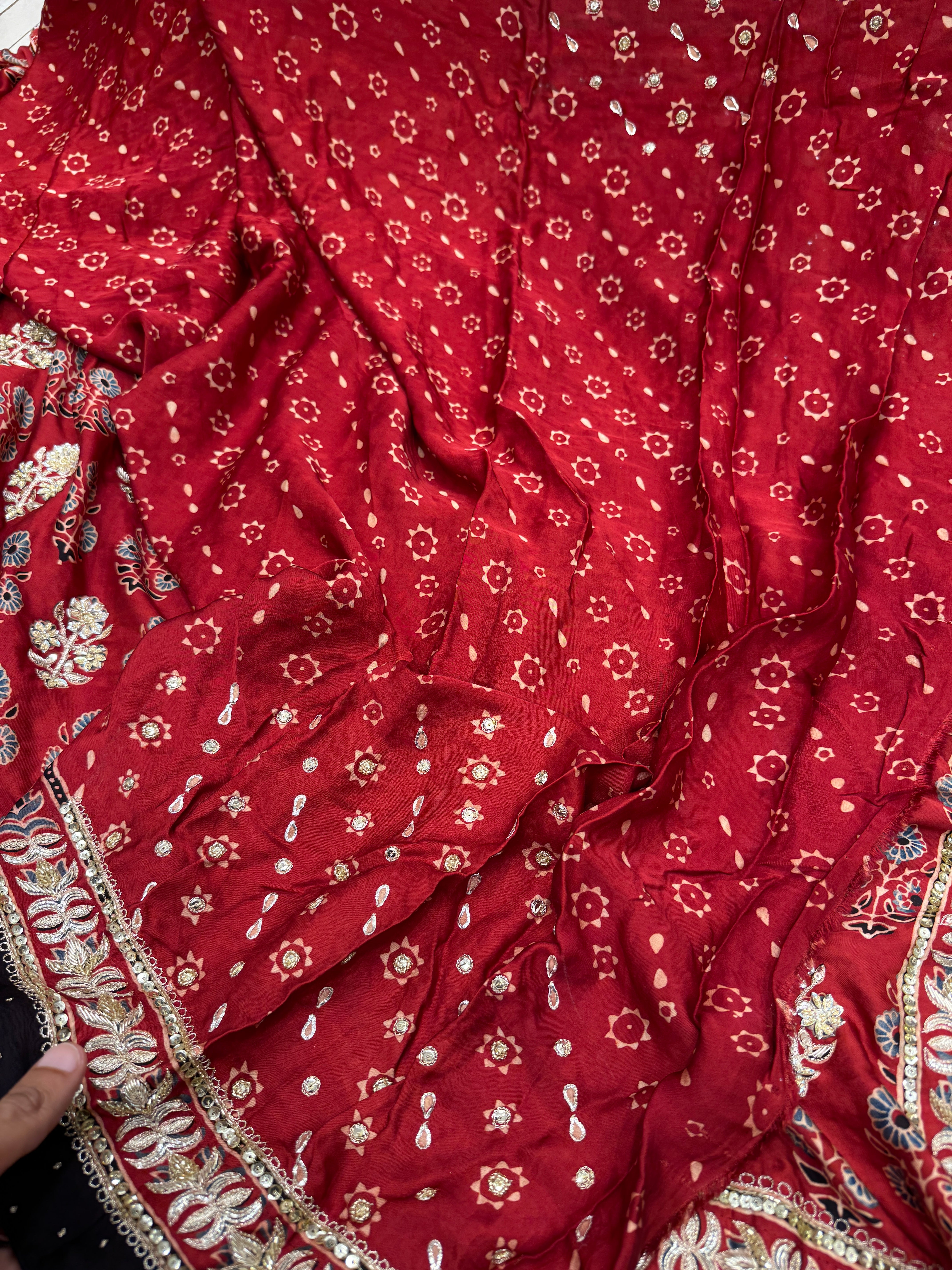 Red Floral Buttas Ajrakh Hand Embroidery Saree