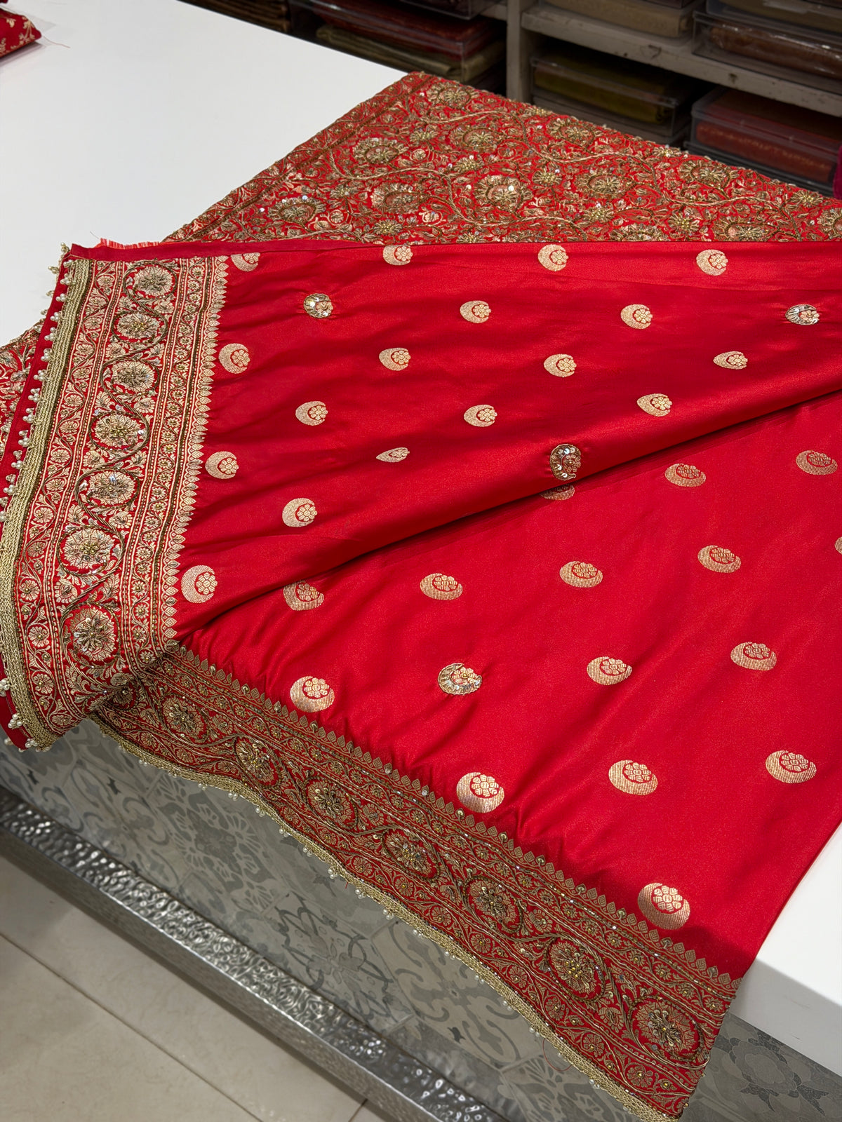 Cross Red Banarasi Chand Buttis Antique Zardosi Hand Embroidery Saree