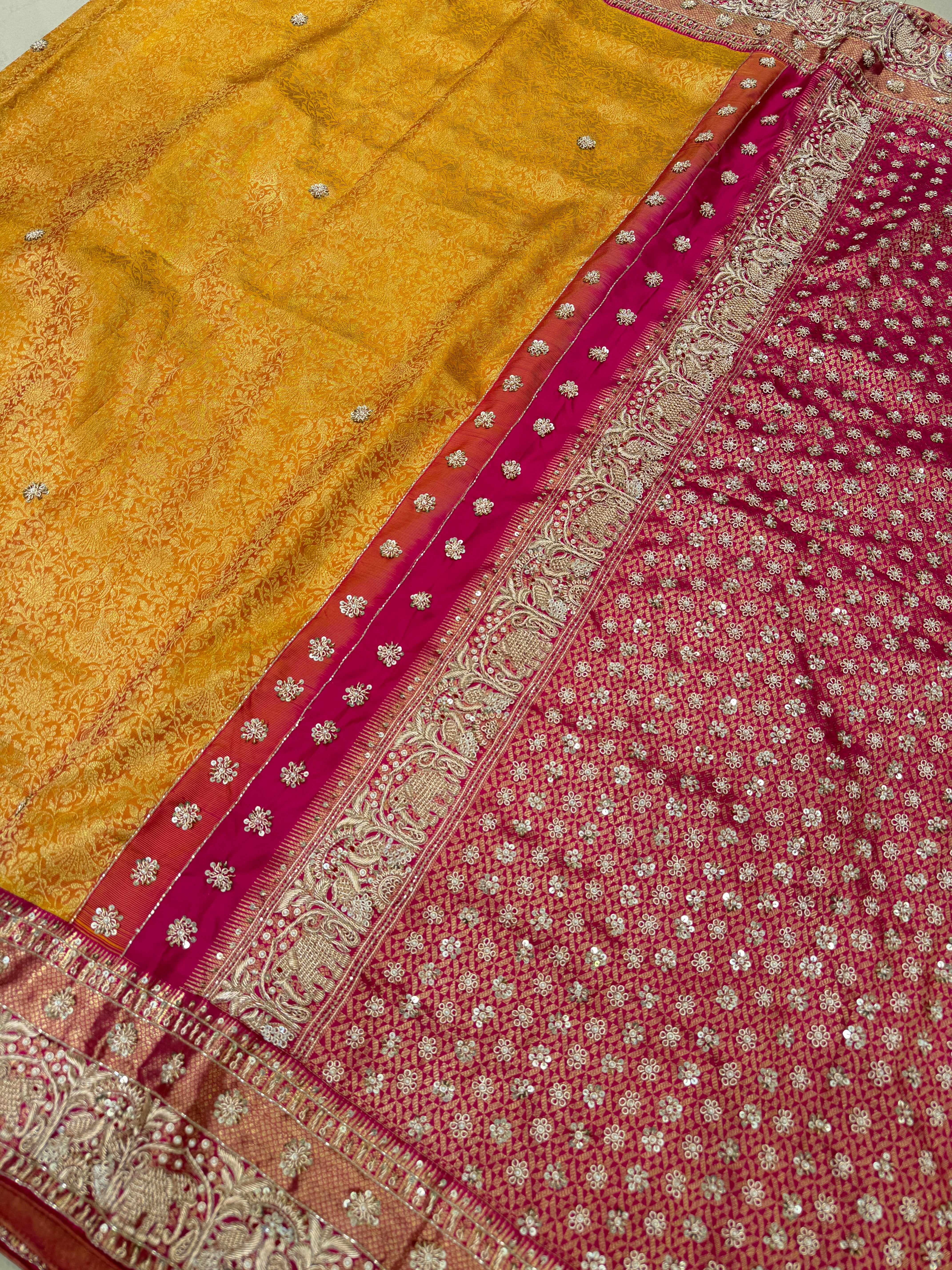 Mustard Yellow Kanjivaram Elephant Motifs Zardosi Hand Embroidery Saree