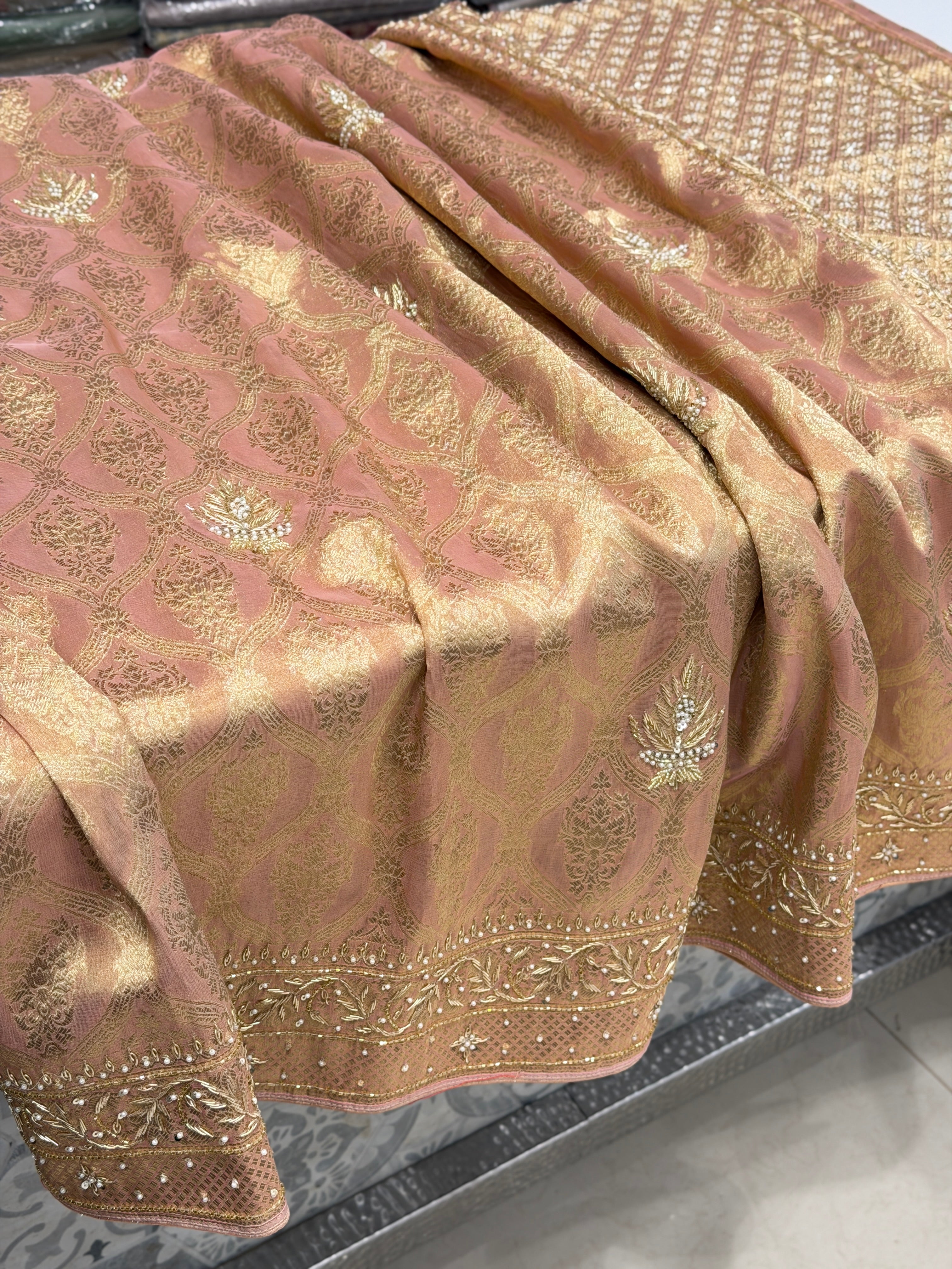 Nude Pink Crown Jaal Banarasi Zardosi Embroidery Saree