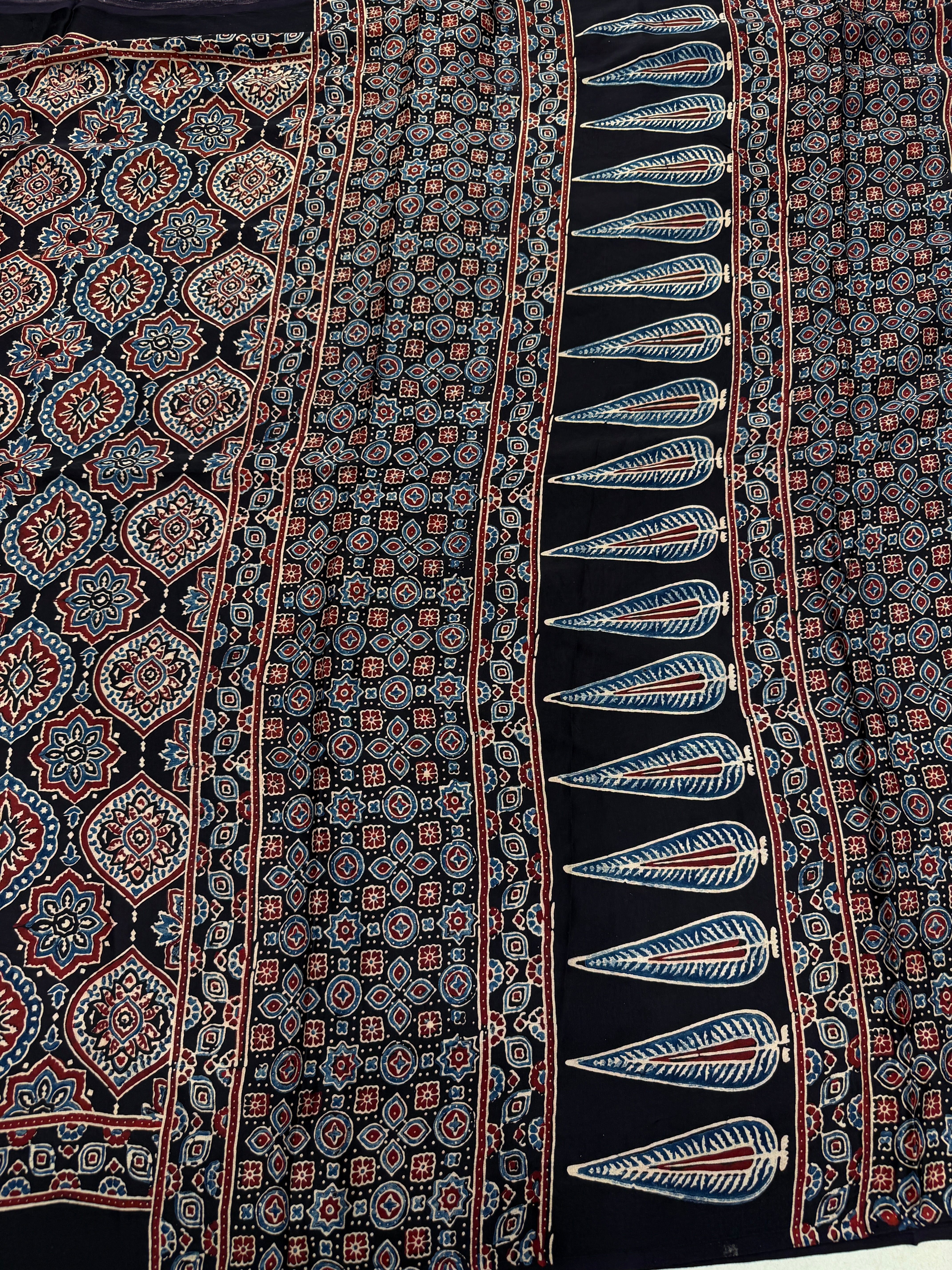 Black Badam Jaal Ajrakh Block Print Hand Pure Gajji Silk Saree