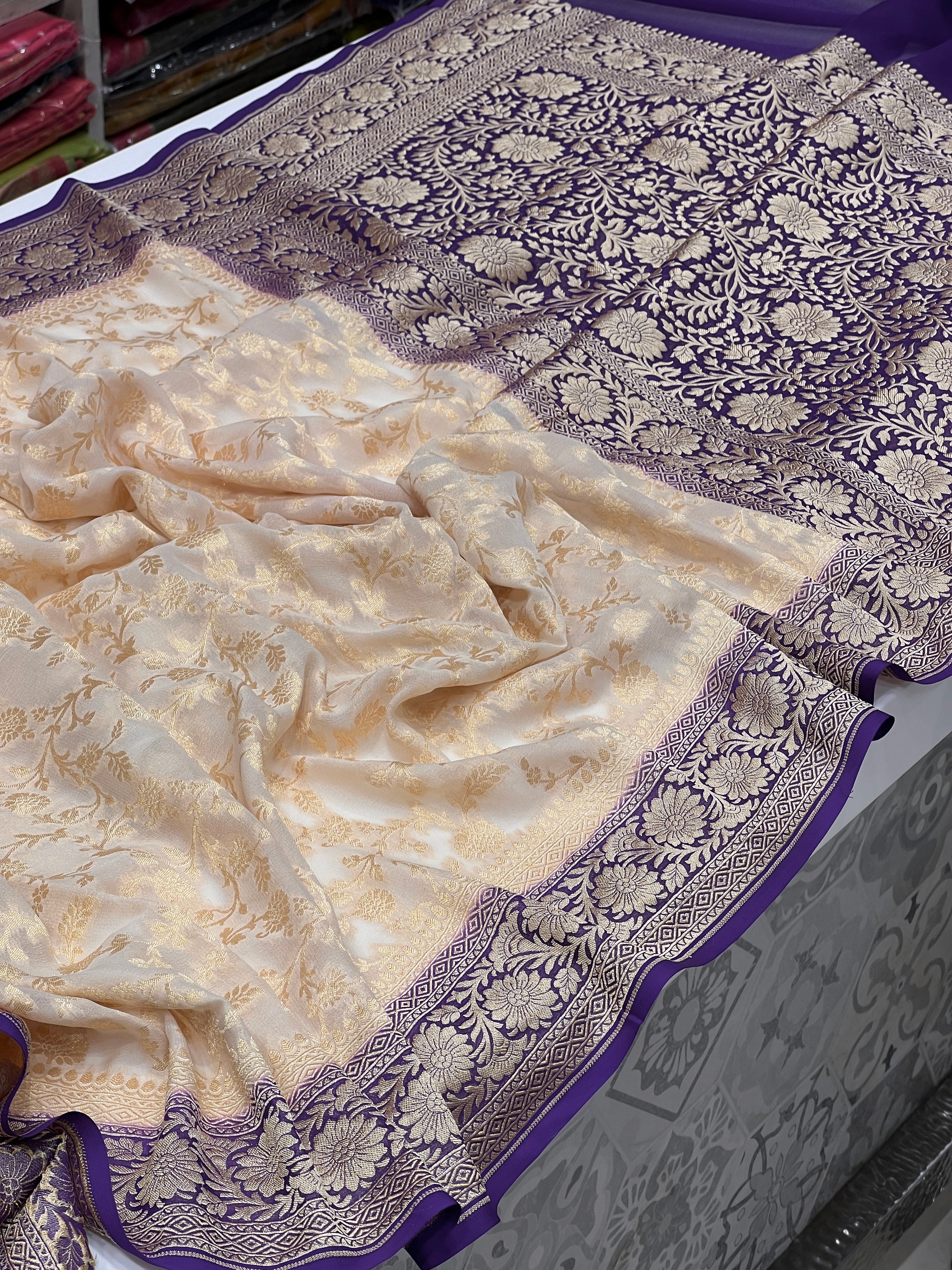 Beige Violet Handloom Georgette Jaal Saree
