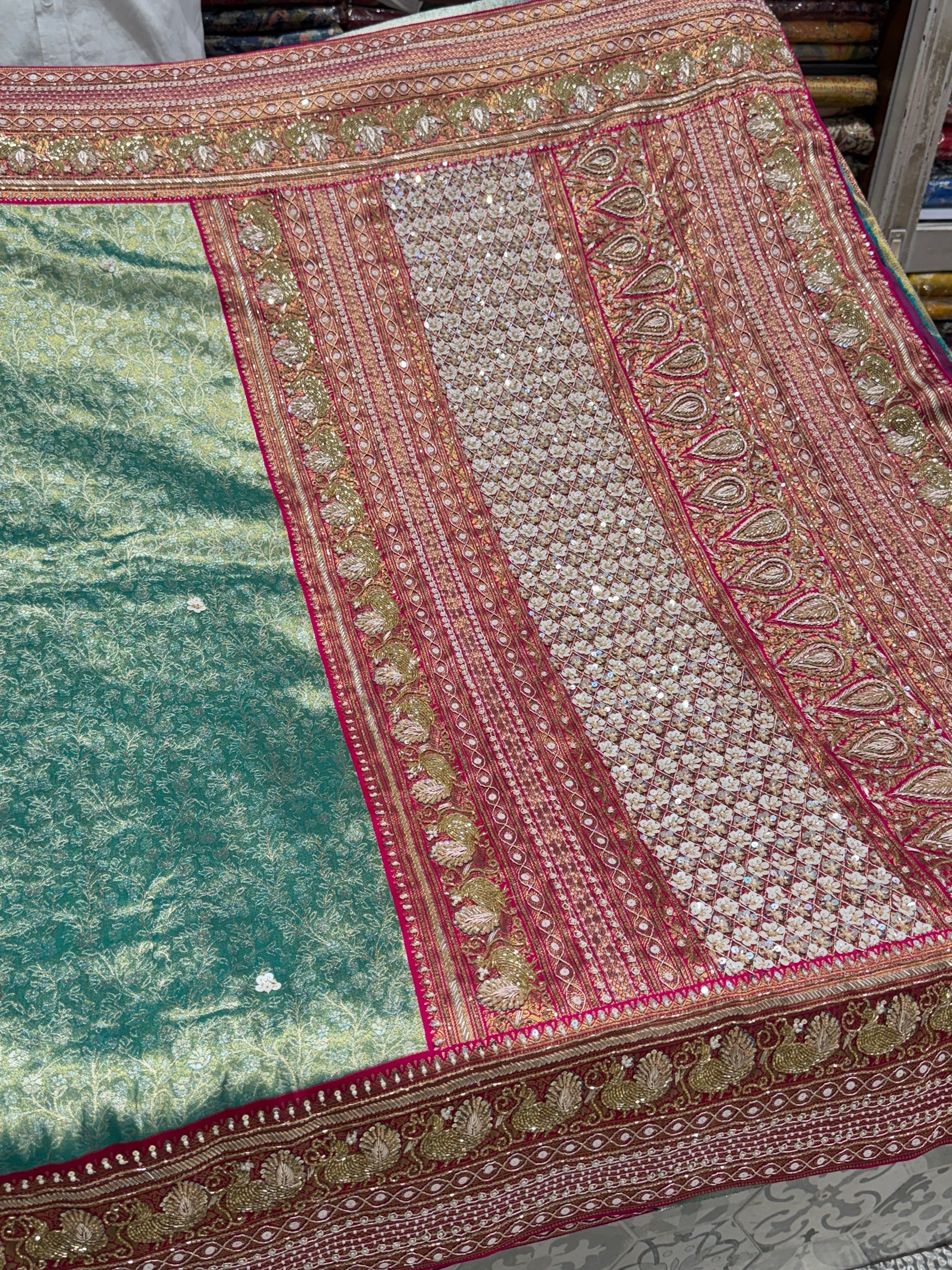 Green Rani Tissue Kanjivaram Hand Embroidery Saree
