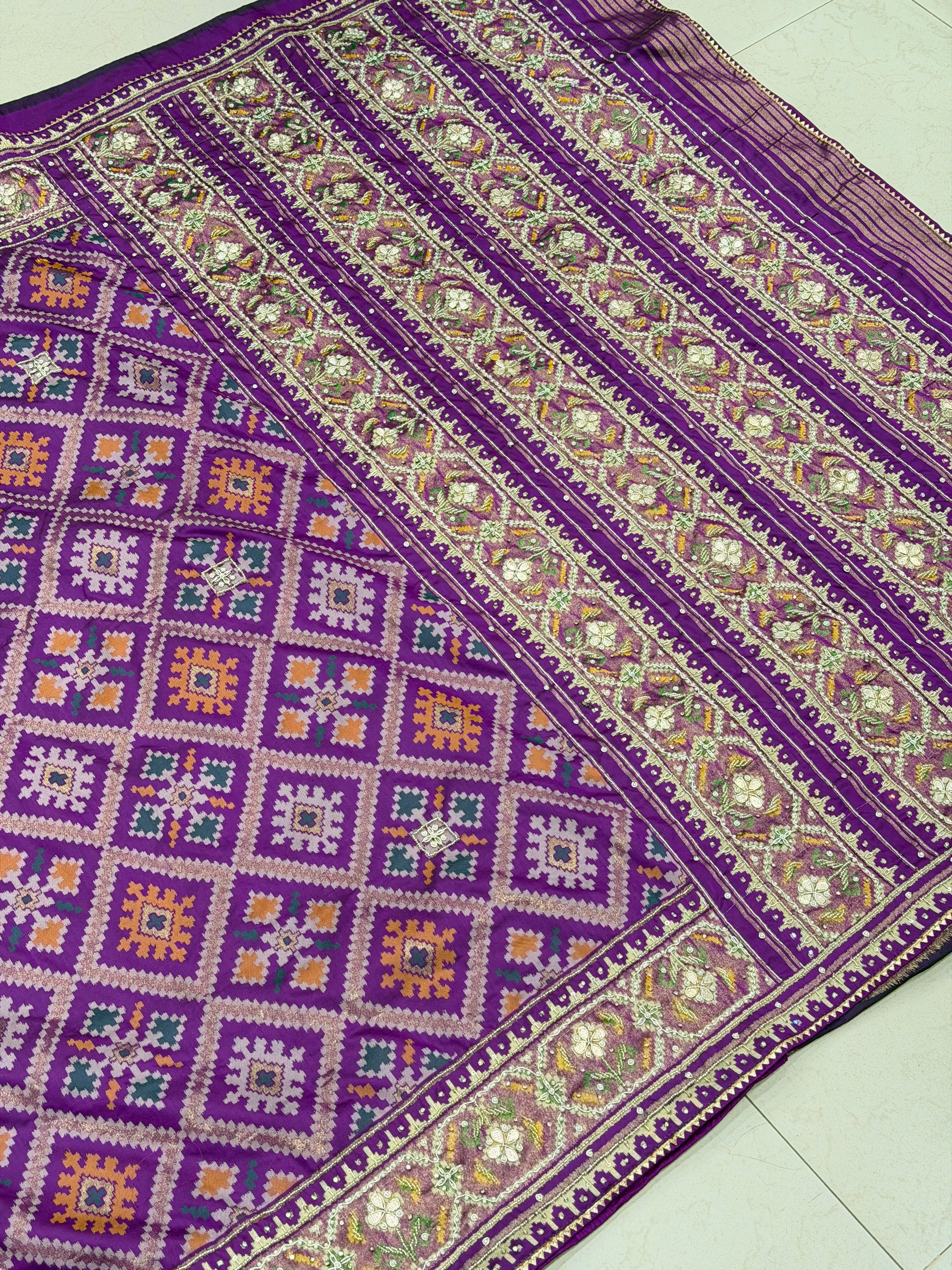 Violet Patola Ratan Chowk Hand Embroidery Saree