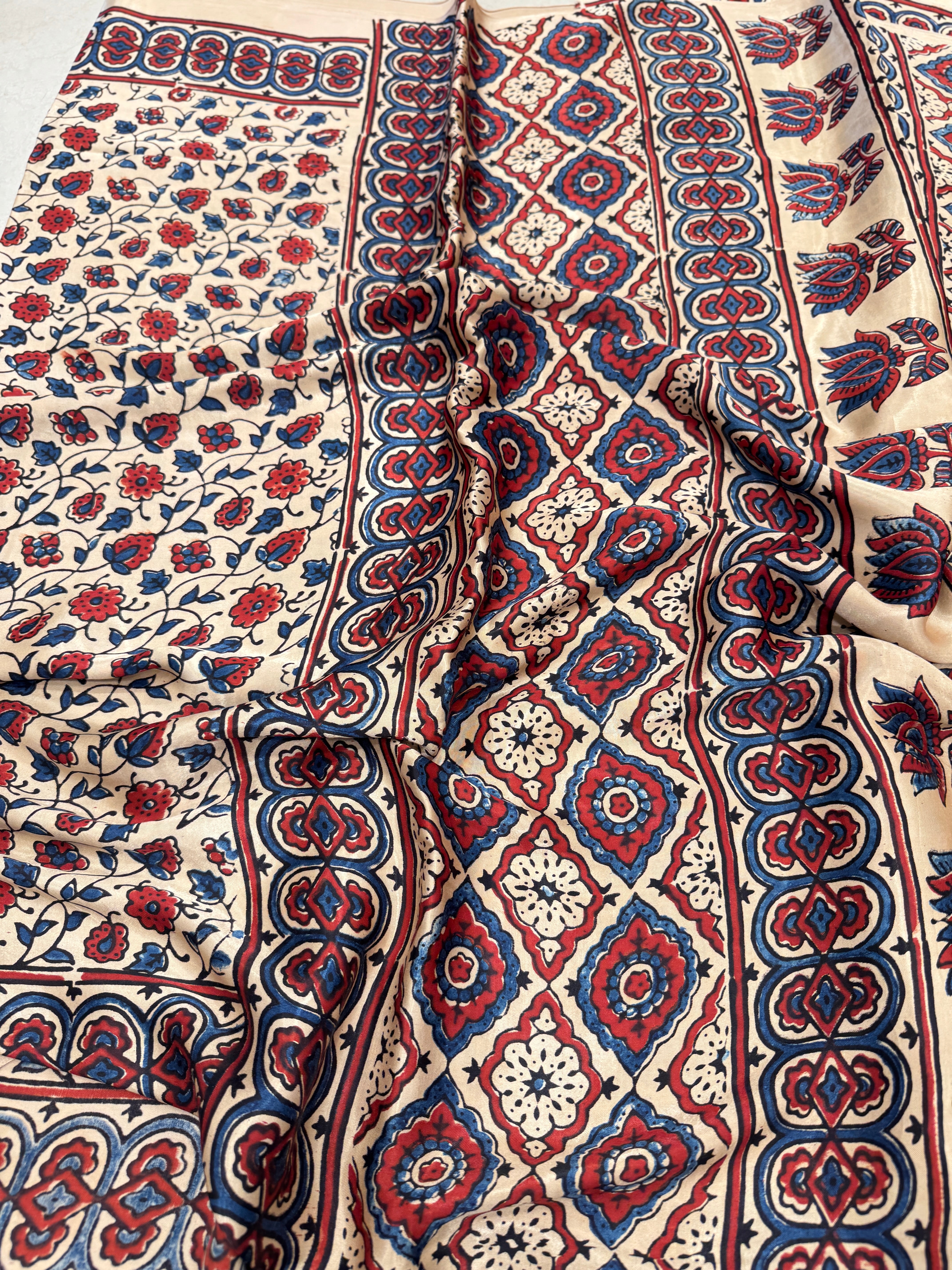 Moti White Flower Jaal Ajrakh Gajji Silk Hand Block Print Saree