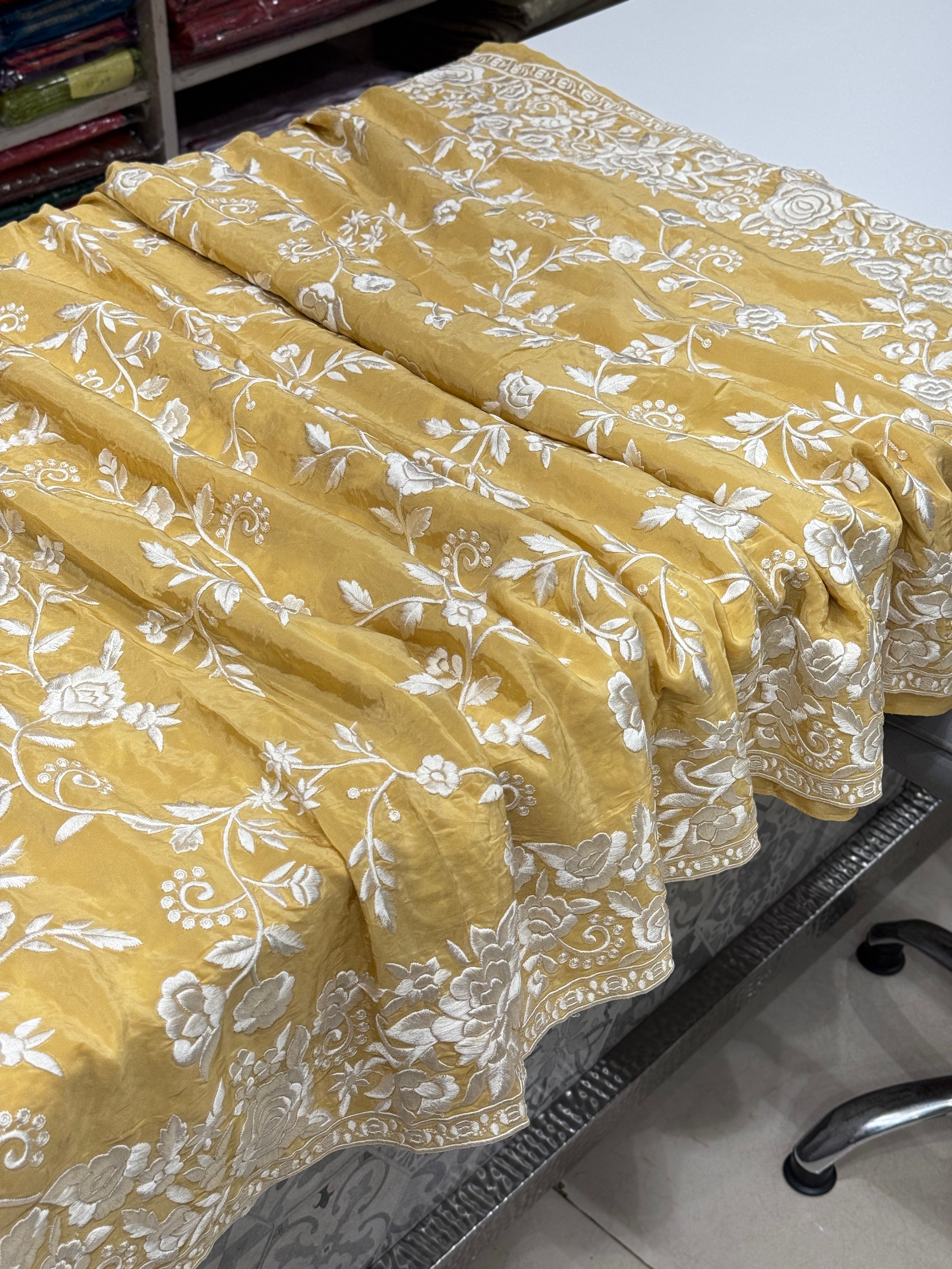 Yellow Crepe Floral Parsi Gara Saree