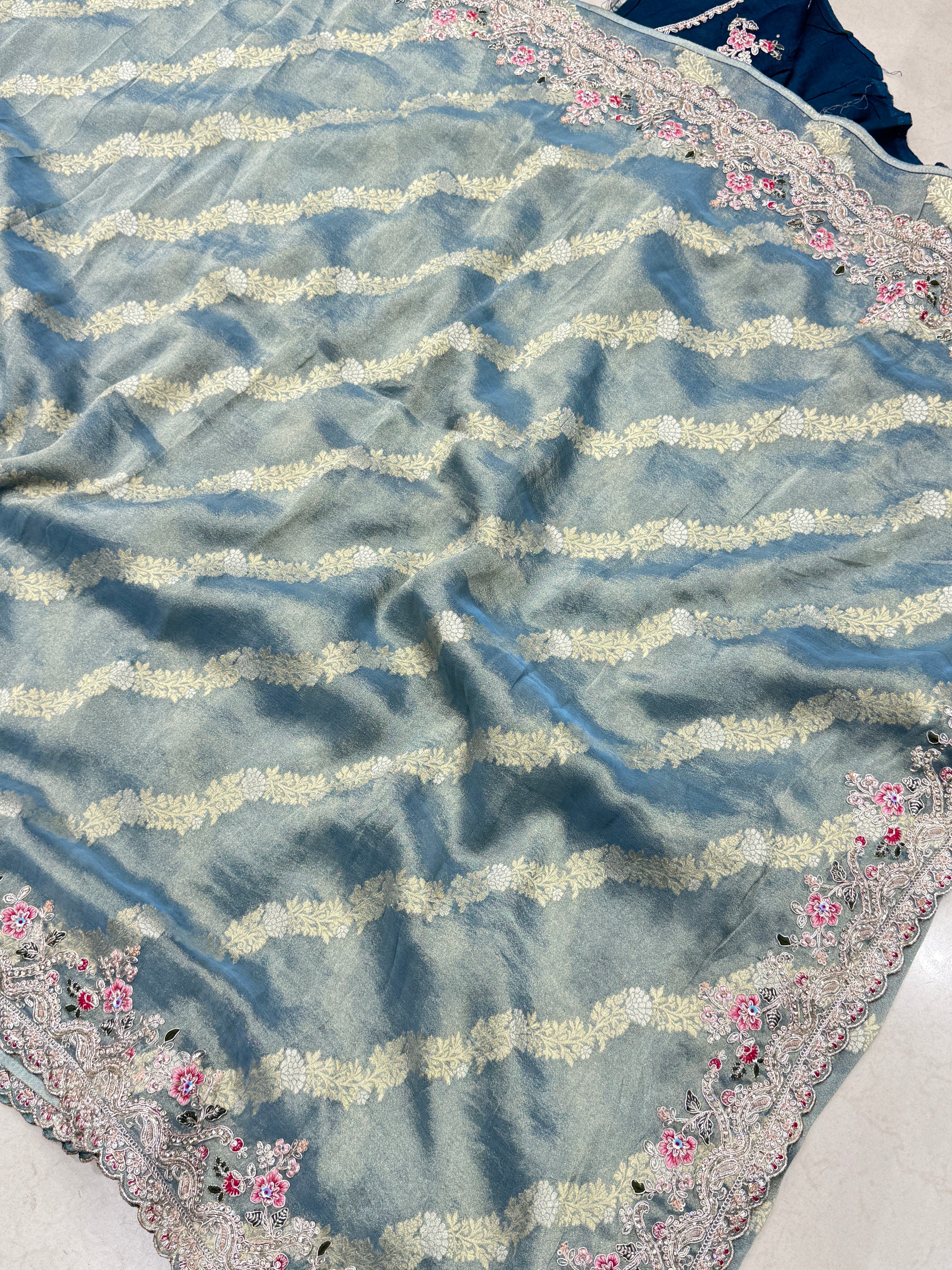 Sea Blue Tissue Weaved Resham Zari Embroidery Saree