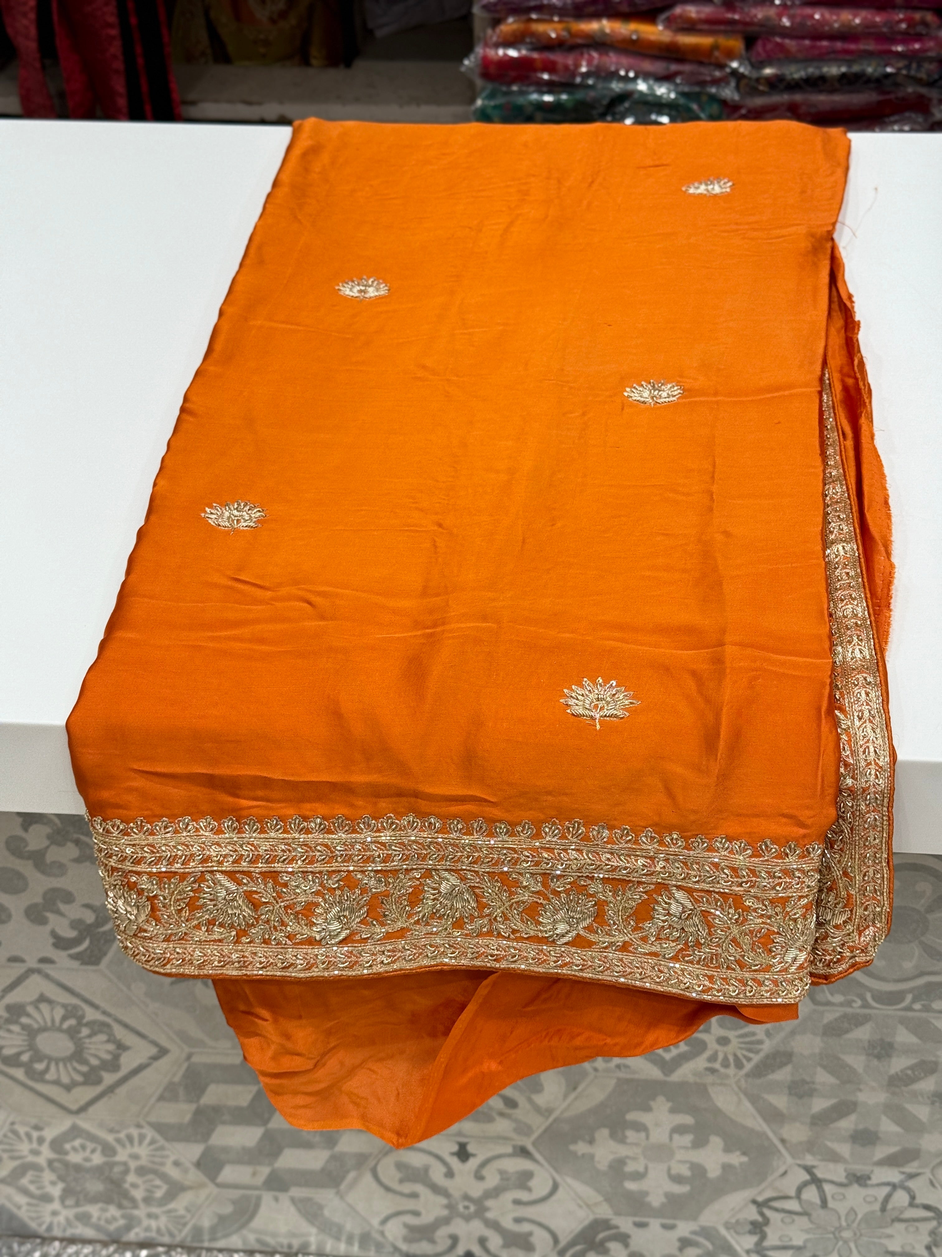 Rust Orange Buttis Pure Satin Hand Embroidery Zardosi Saree