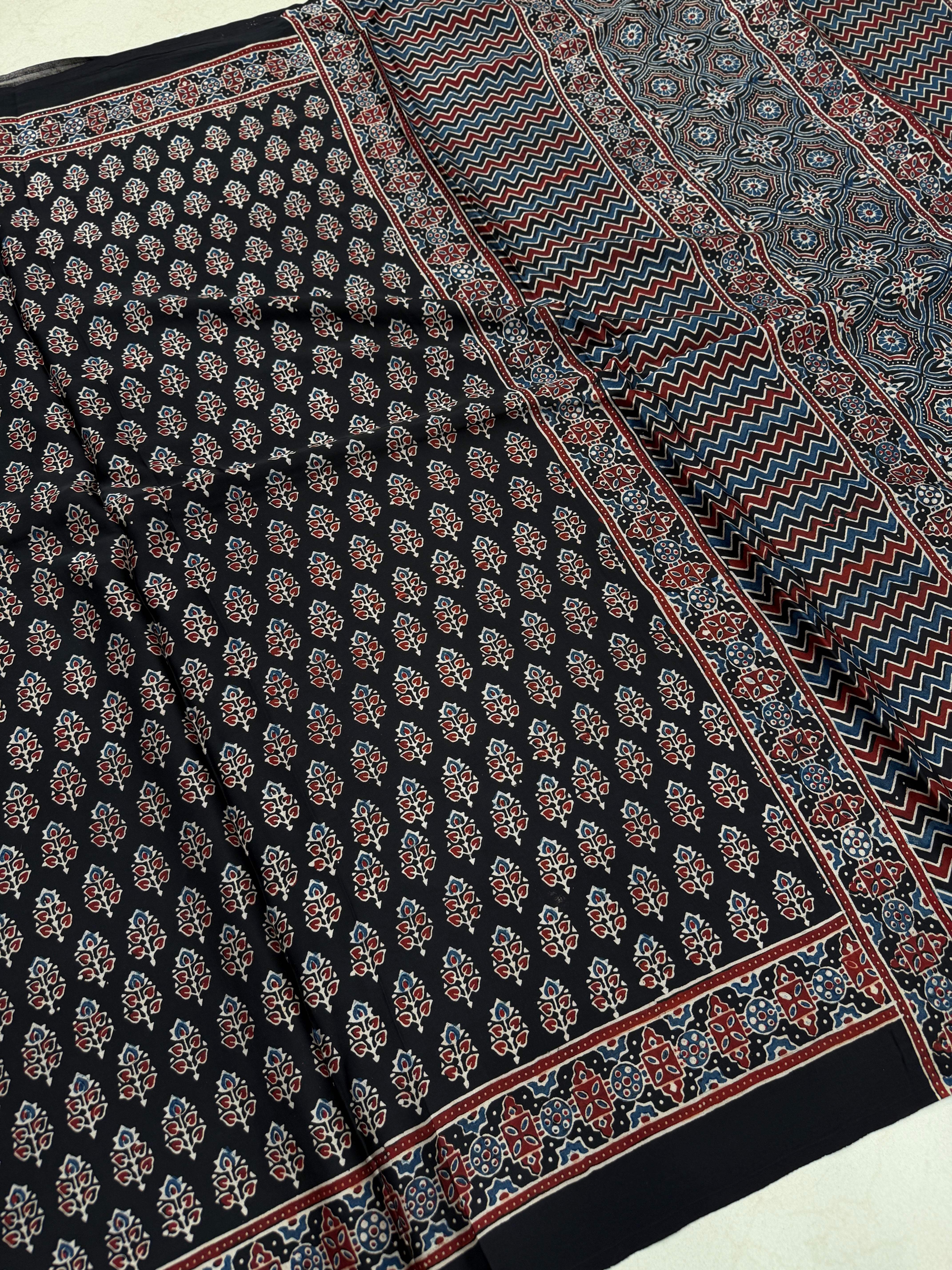 Black Kakkar Buttis Ajrakh Block Print Hand Pure Gajji Silk Saree