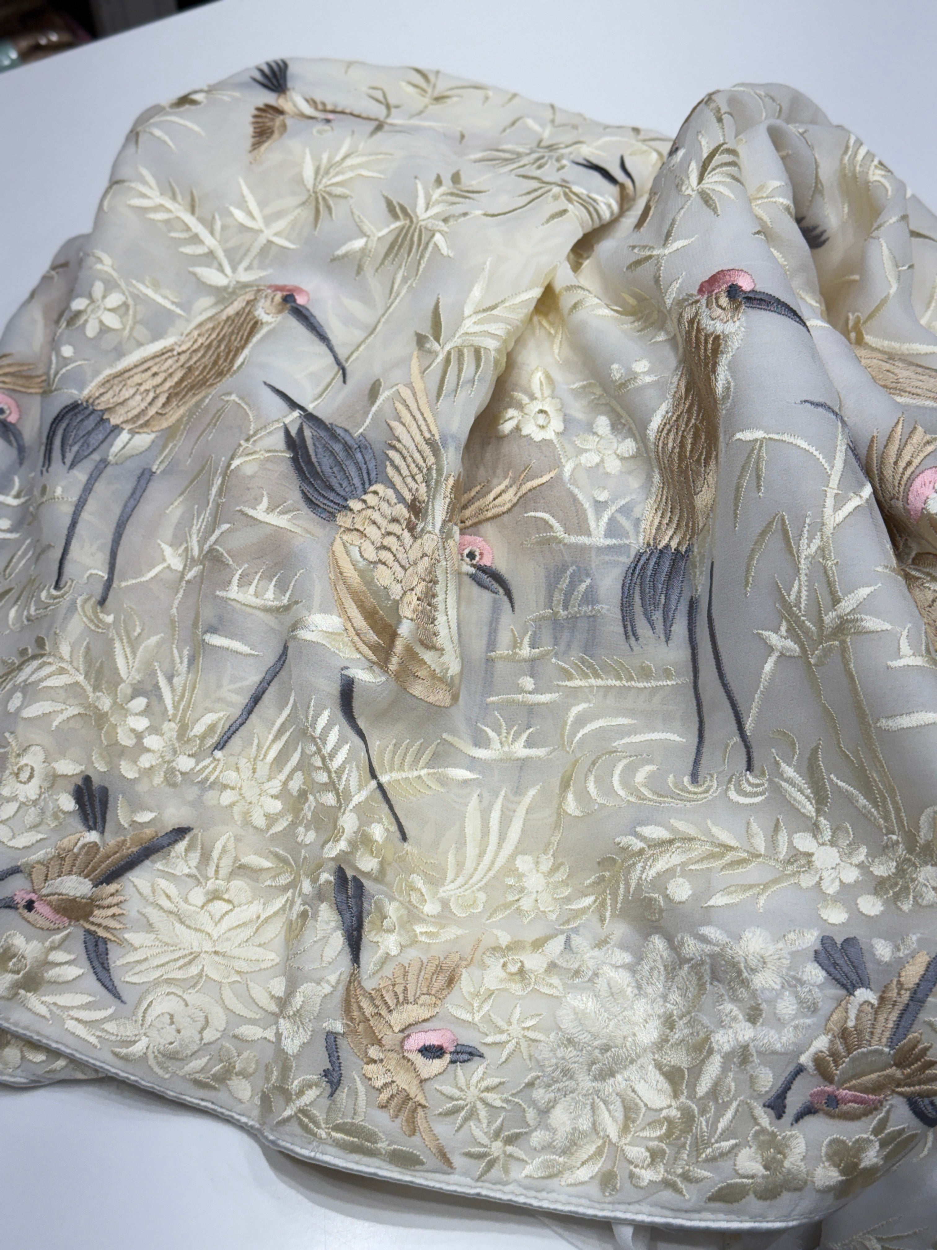 White Georgette Flying Flamingo Parsi Gara Saree